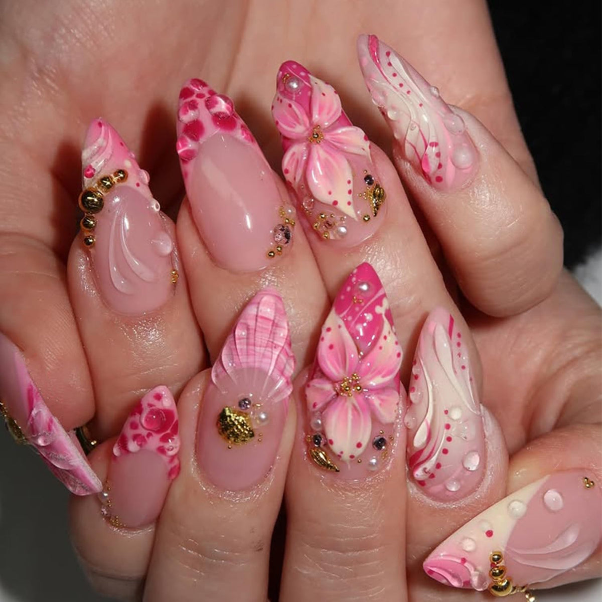 24Pcs White French Tip Press on Nails Medium Almond Fake Nails with Silver Rhinestones with Nude Pink Full Cover Glue on Nails French Designs 3D Flower False Nails Cute Spring Stick on Nails for Women