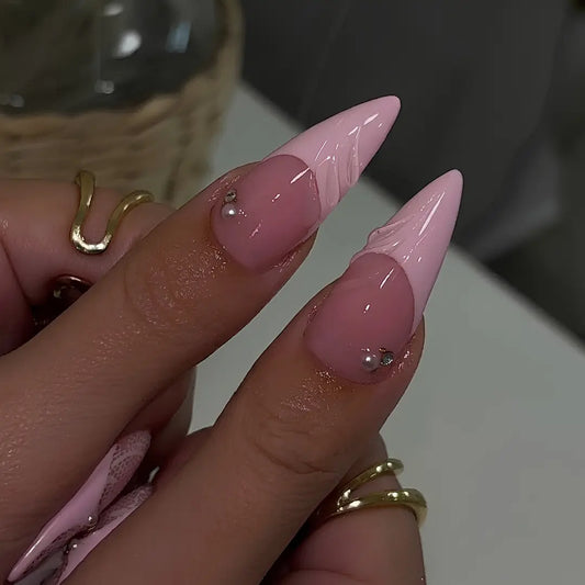 (MTO) Female Everyday Press-On Nails, Long Stiletto Bubble Nail Art, Pink White Lace 3D Flower Rhinestones Fashion Hand Accessory