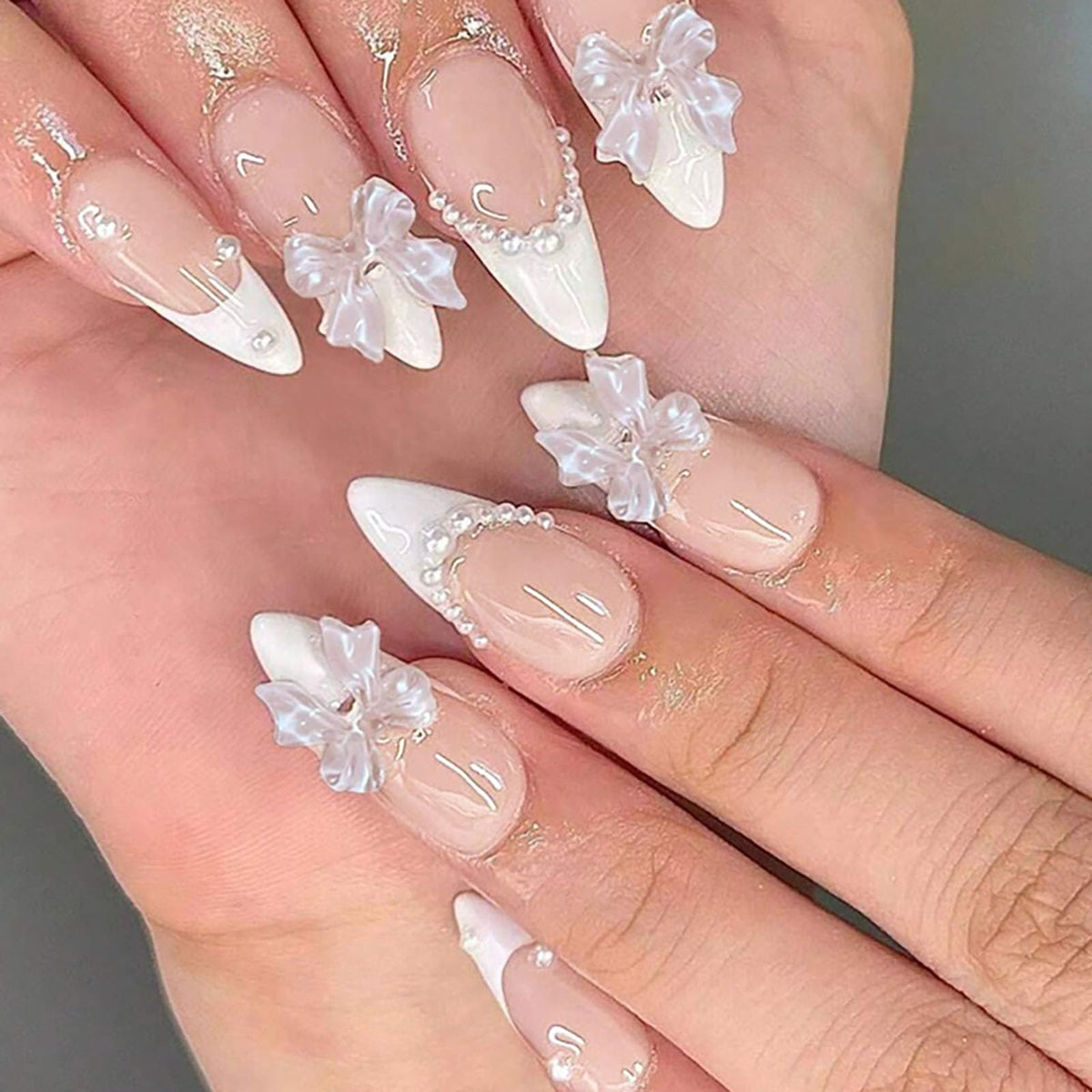 Spring Press on Nails Almond Medium Fake Nails with White Flower Designs French Tip Nails Press ons Light Green False Nails Glossy Glue on Nails Acrylic Nails Nude Stick on Nails for Women 24Pcs