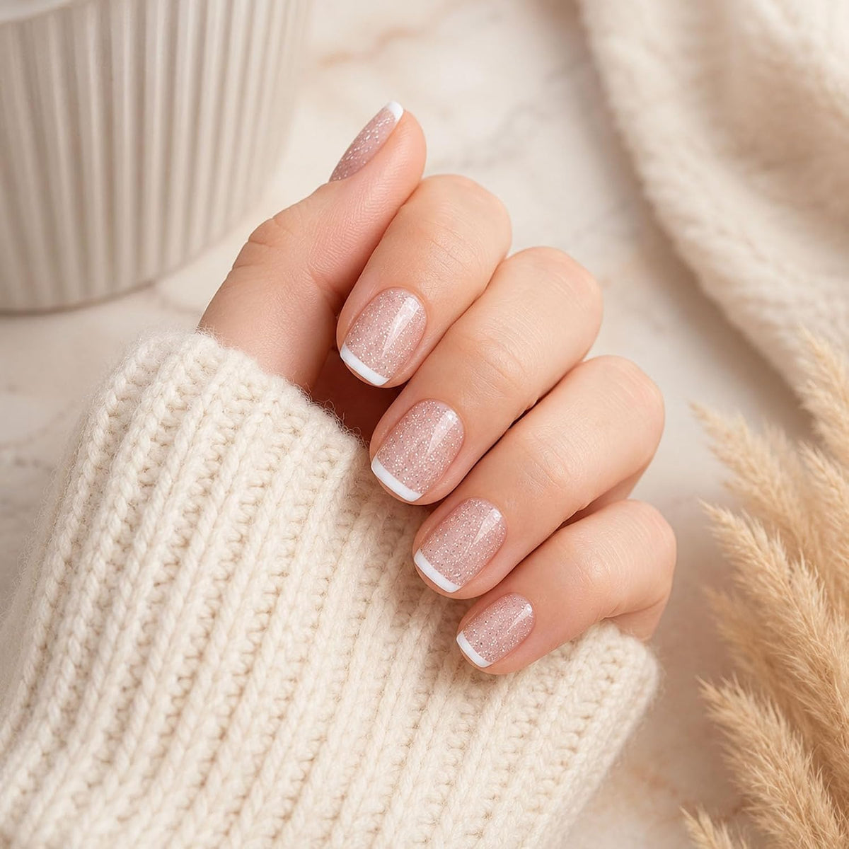 Press On Nails Short Square, Nude Pink Silver Glitter White French Tip Glossy Fake Nails, Full Cover Acrylic Gel False Artificial Nails for Bridal Wedding Daily Office Date Party Wear