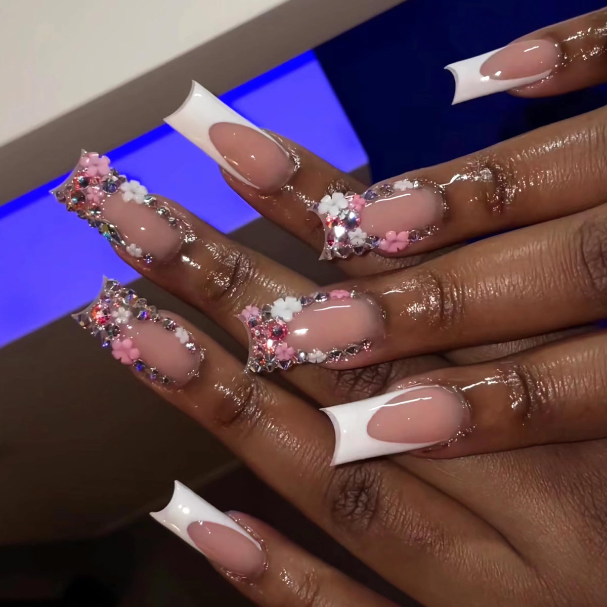 BABALAL Press on Nails, Extra Long Square Fake Nails, Gold Chrome French Tip, Luxury Rhinestone & Star Charm Design, Bling Shiny Reusable Glue on Nails 24Pcs
