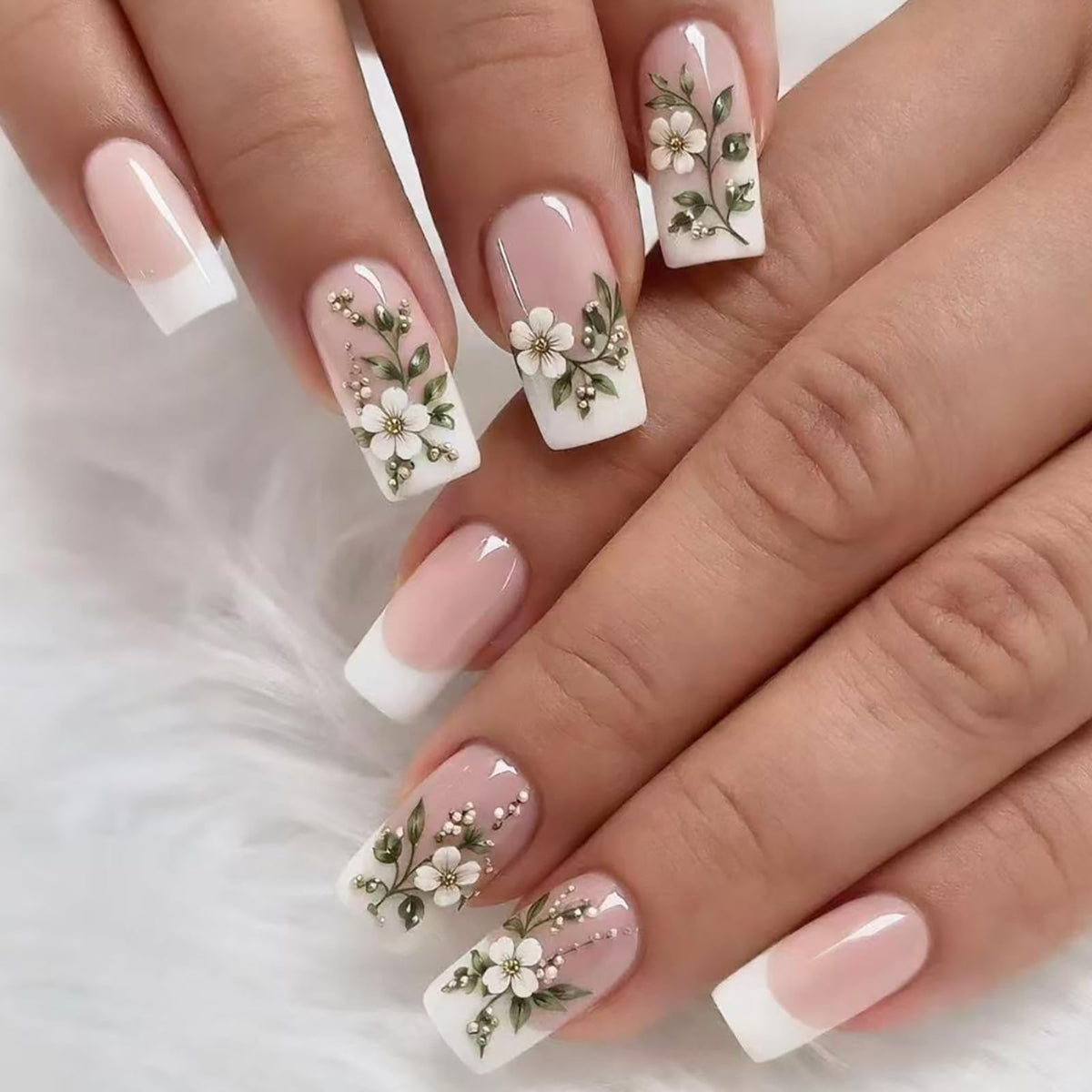 24Pcs Long Square Nude Pink White Nails Press ons Pearl Gold Flower Fake Nails Elegant False Nails Bridal Nails Glue on Luxurious Stick on Nails Casual Work for Girl Women Wedding Formal Occasions