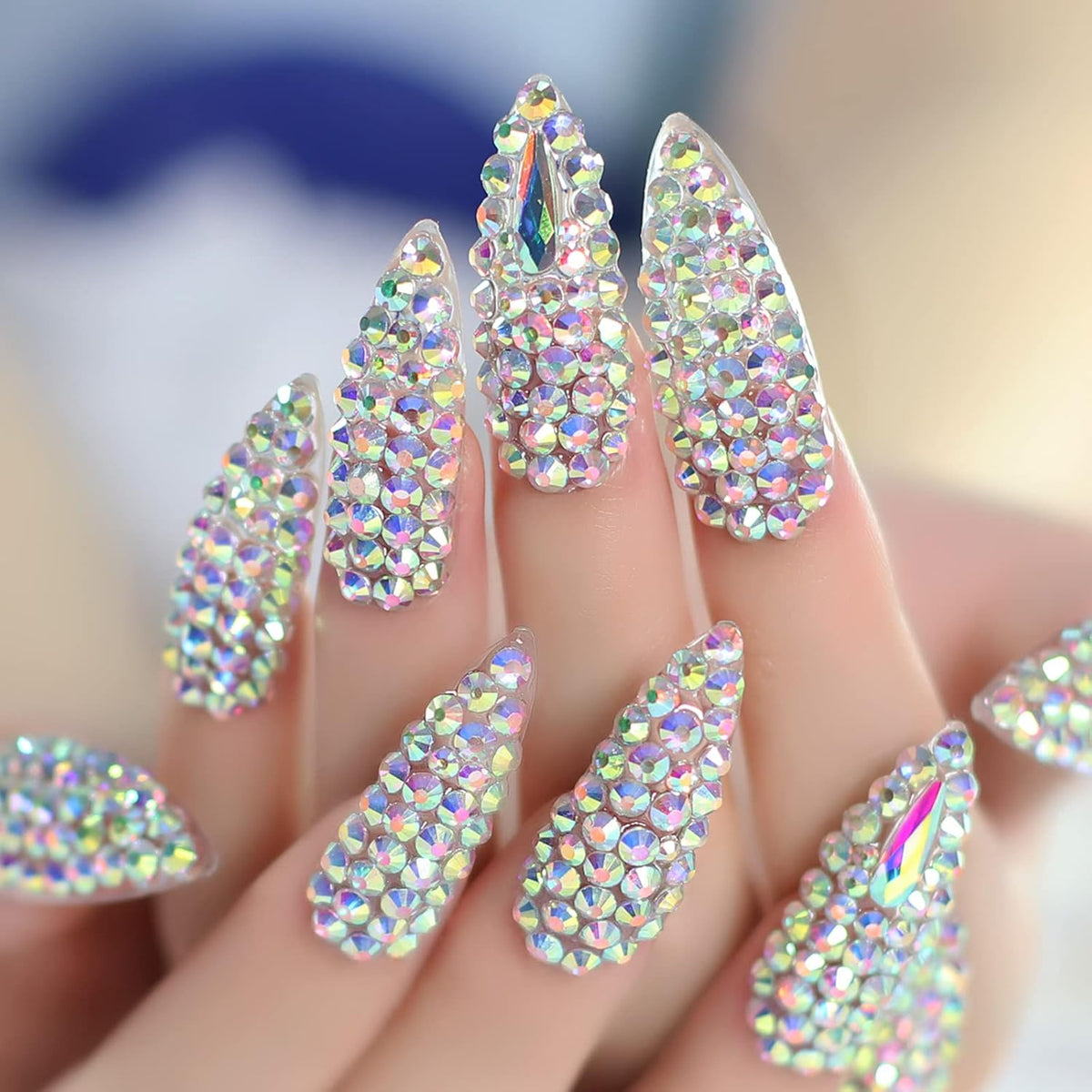 Elevenail Handmade Press on Nails Full Cover Luxurious 3D Crystal False Nails Super Extra Long Stiletto Diamonds Art Decoration Fake Nails Manicure Kit Nail Art Tips Gift for Women Girls Wedding Party