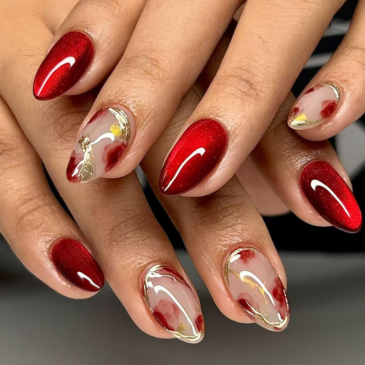 French Tip Press on Nails Almond Medium Fake Nails with Chrome Glitter Designs Nails Press ons Pink Gold Glue on Nails Natural False Nails Glossy Artificial Nails Simple Stick on Nails for Women 24Pcs
