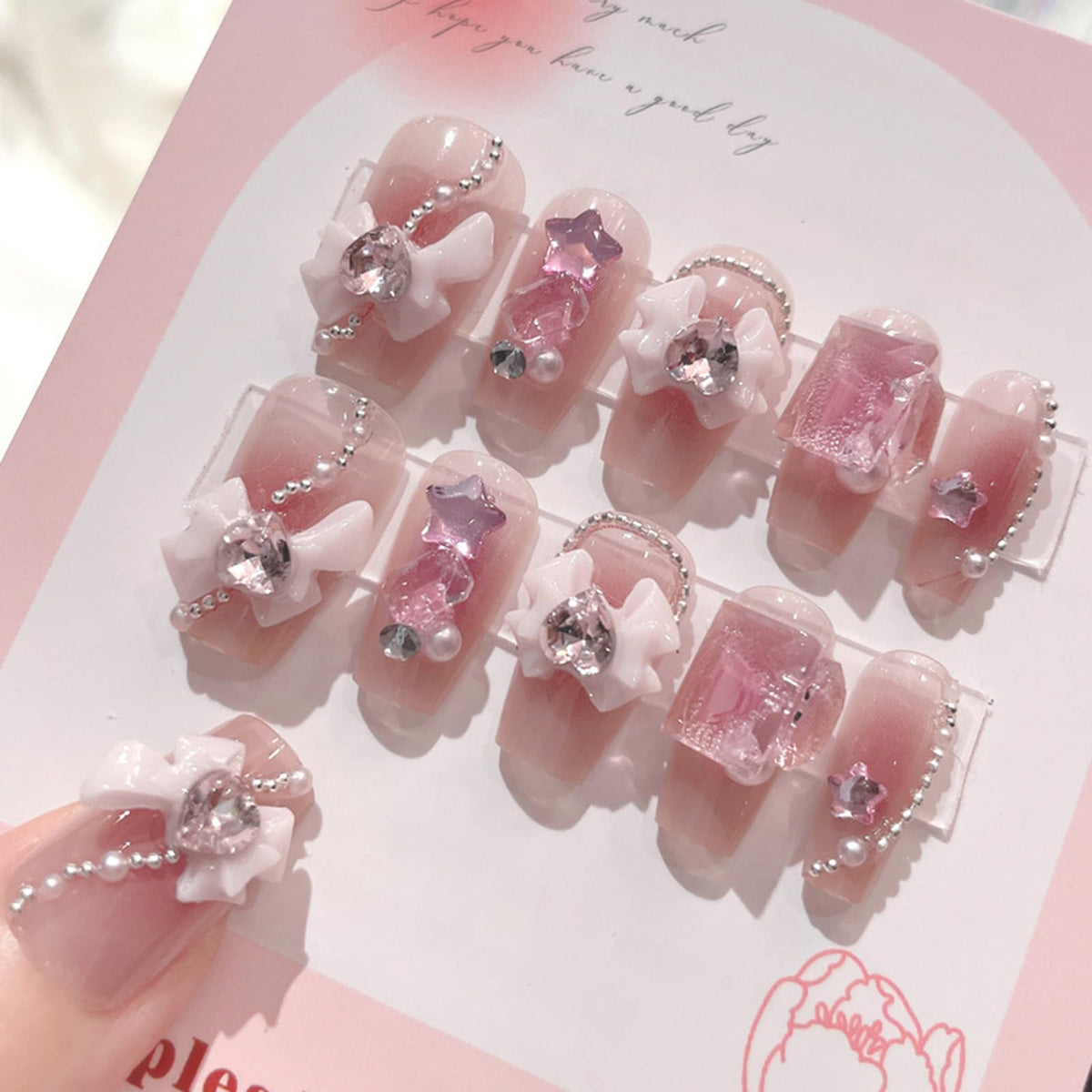 SINHOT Luxury Press on Nails - Long Coffin Fake Nails 3D Handmade Cute Pink Reusable False Nails with Rhinestone Designs,DIY Artificial Nail Art, 24pcs
