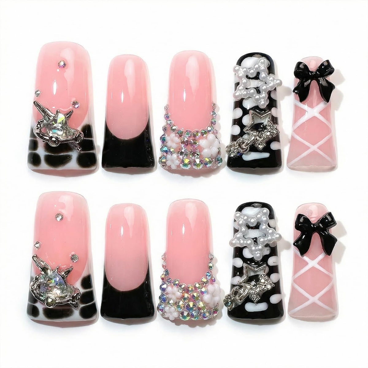 Handmade Long Duck Press on Nails - Luxury Crystal French Tip False Nails with Rhinestones, Diamond Jelly Pink Fake Nails, 10 Pack Gel Nails for Women (Size M)