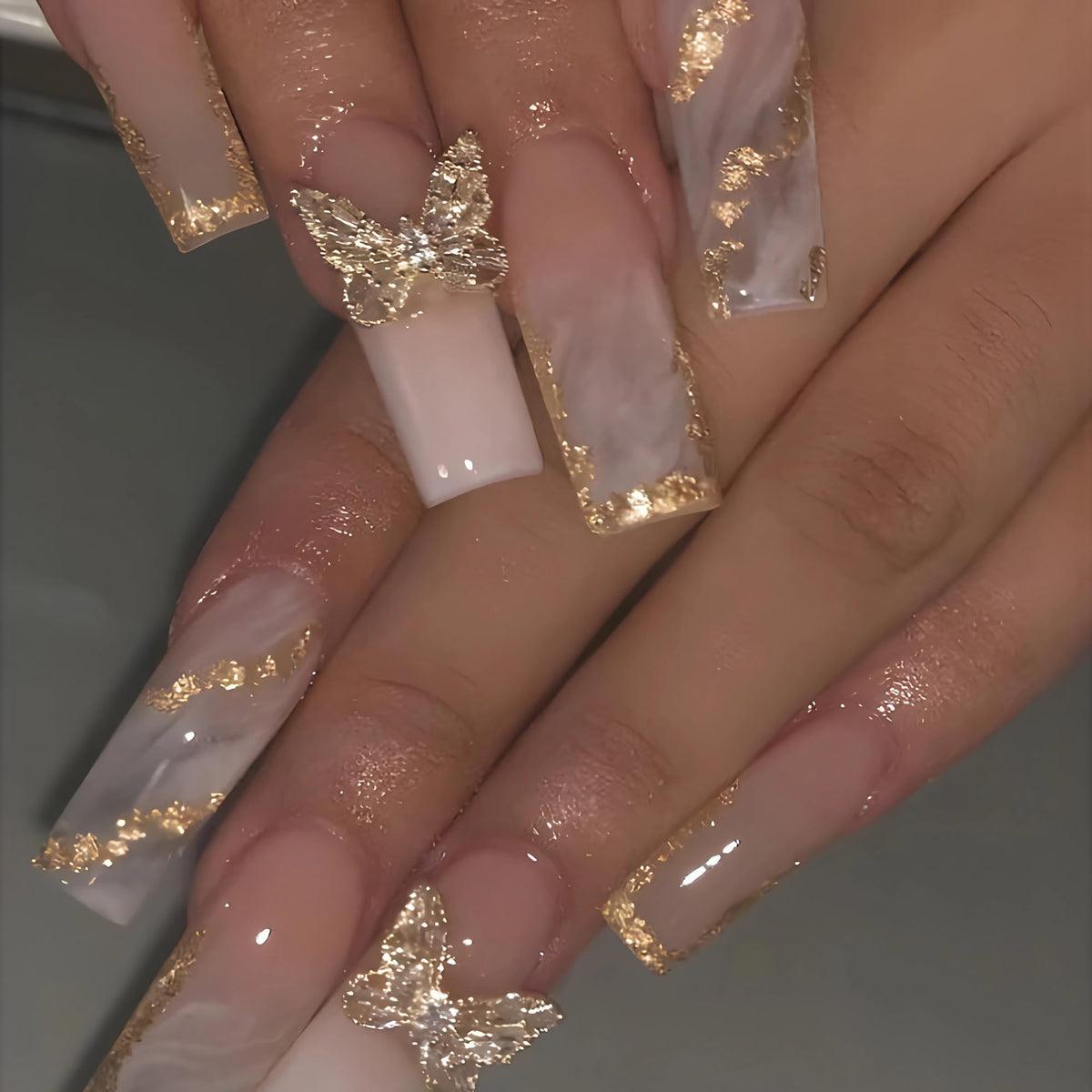 BABALAL Press on False Nails Long Square Fake Nails Black and Gold Chrome Gothic Glue on Cross Charm Luxury 3d Design French Tip Acrylic 24Pcs Y2k Handmade Custom Full Cover Gel Nails