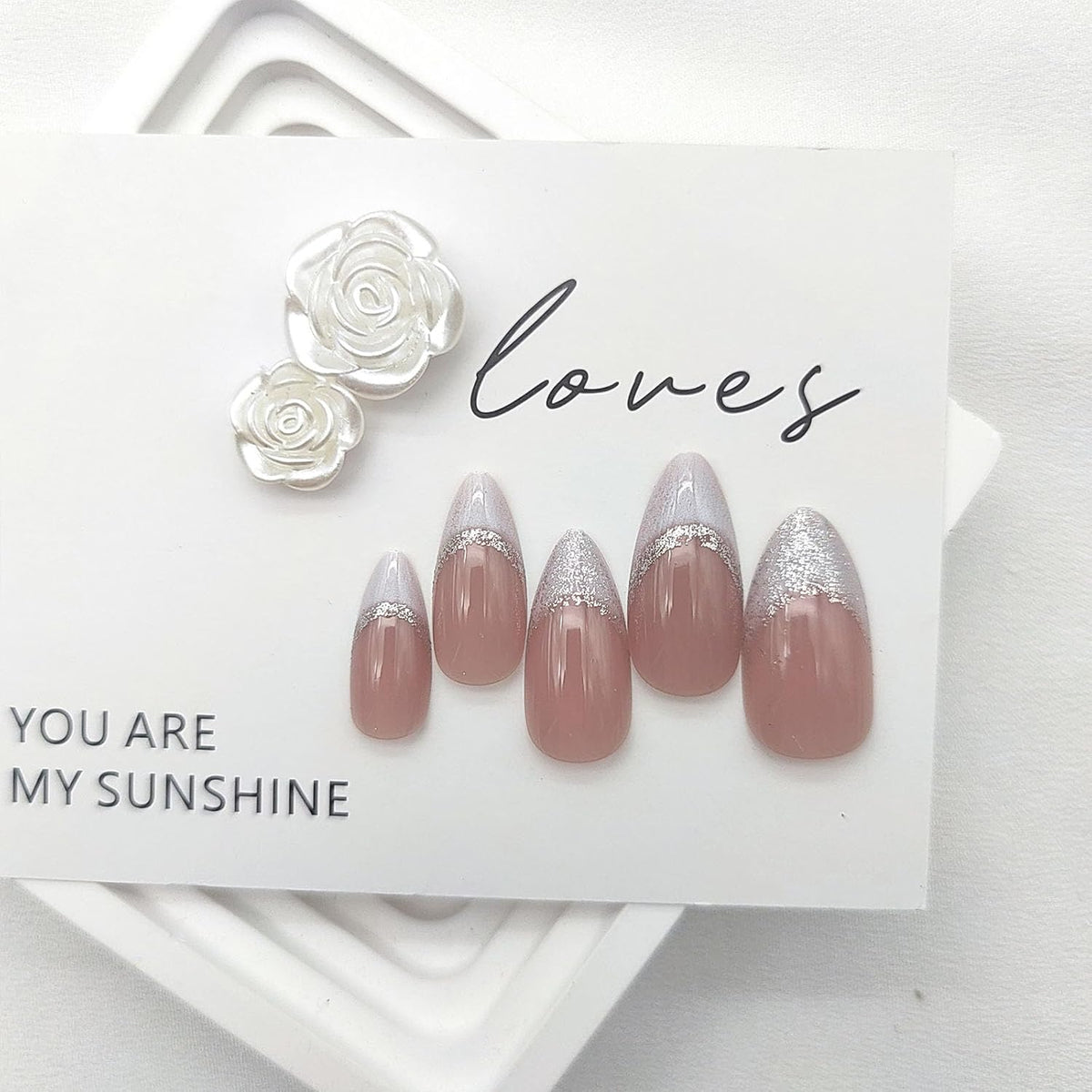 White French Tip Press on Nails Almond Medium Fake Nails with Silver Glitter Designs Nails Press ons Nude Glue on Nails Glossy Acrylic Nails Simple Stick on Nails for Women 24Pcs