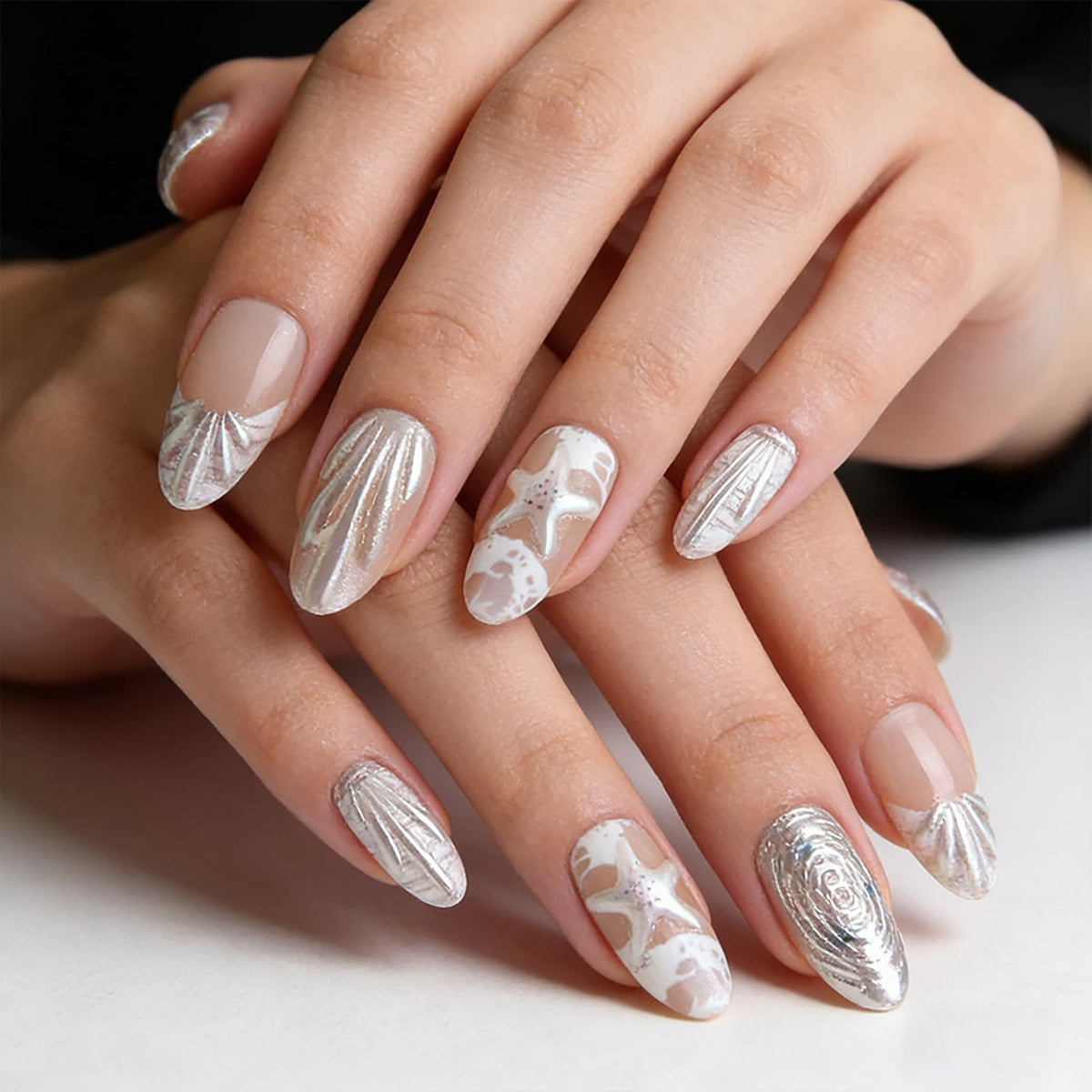 Summer Press on Nails Almond Pink Floral Shell Pearl Gold Dot Fake Women