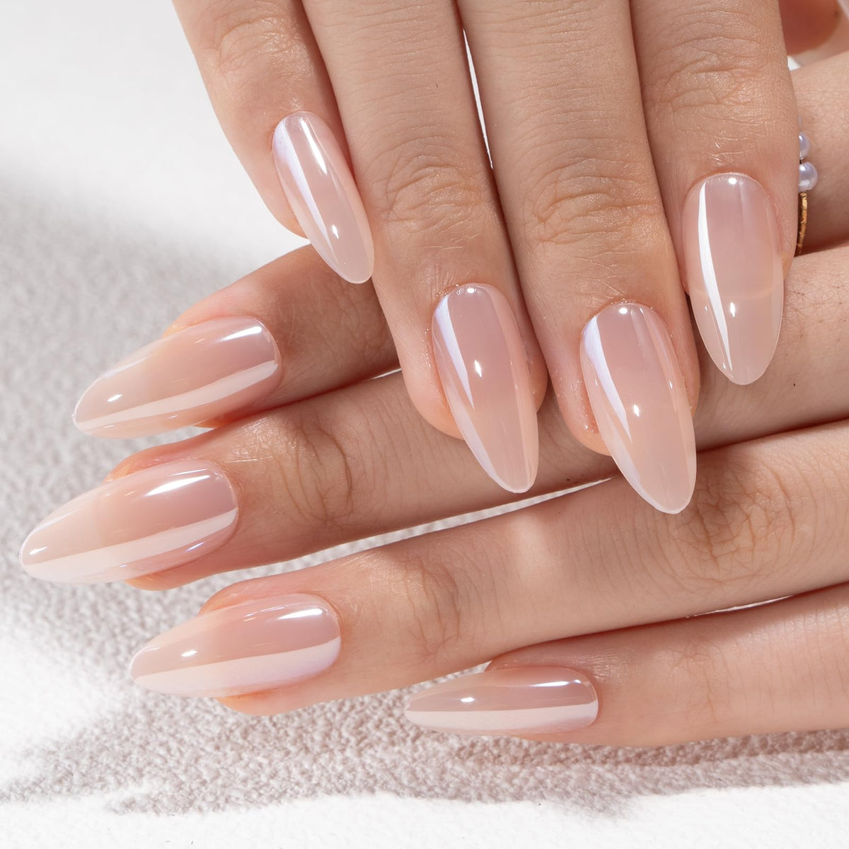 CurvLife Long French Tip Press On Nails, Pearl Rhinestones, Soft Gel