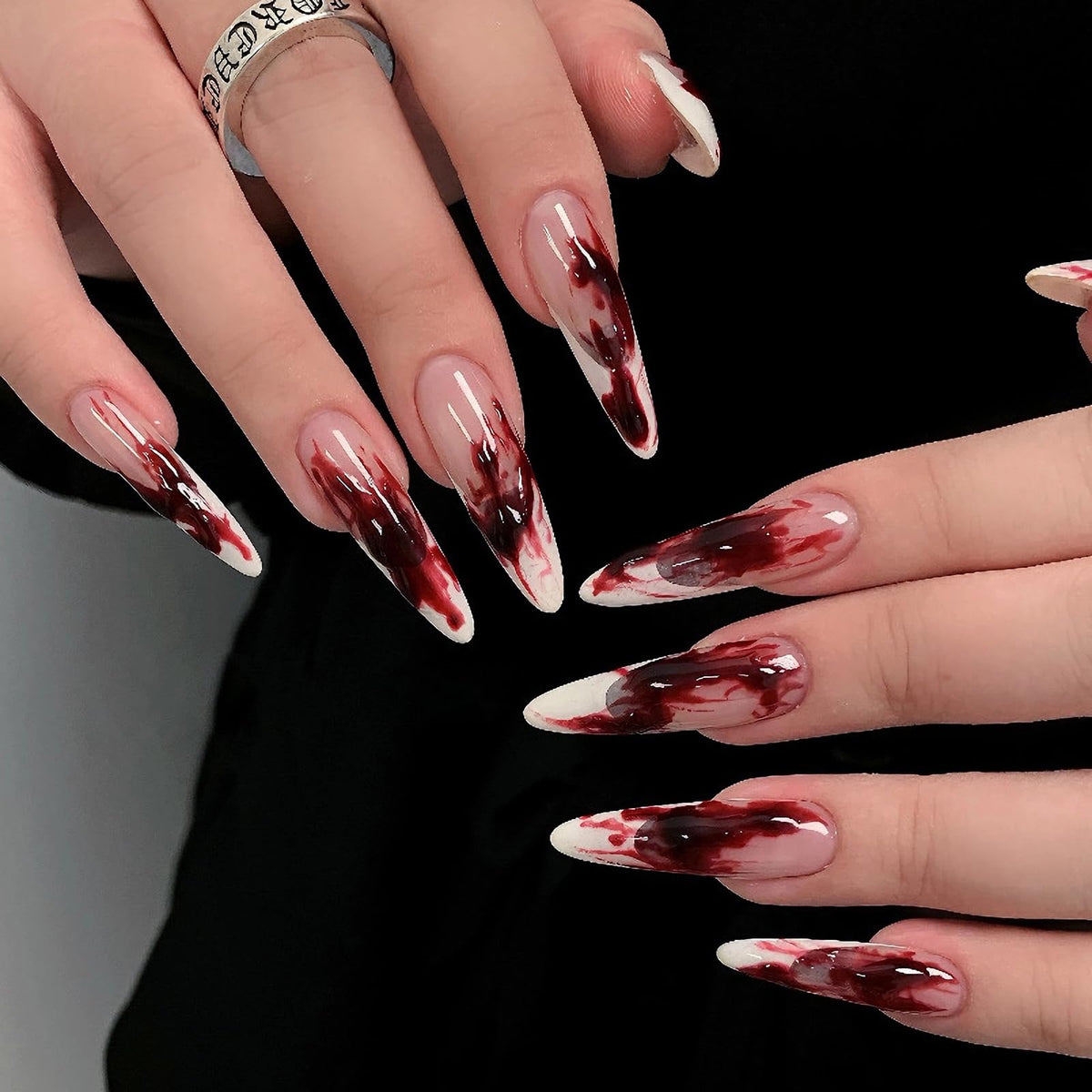 MISUD Press on Nails - Long Stiletto Fake Nails with Bling Glitter, Acrylic Luxury Rhinestone Design 24 pcs