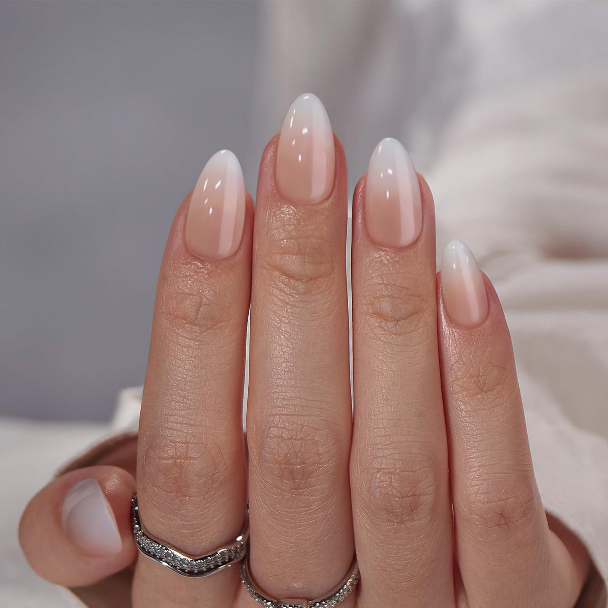 BTArtbox Press On Nails, French Tip Short Square Nails, 32 Pcs Full Kit