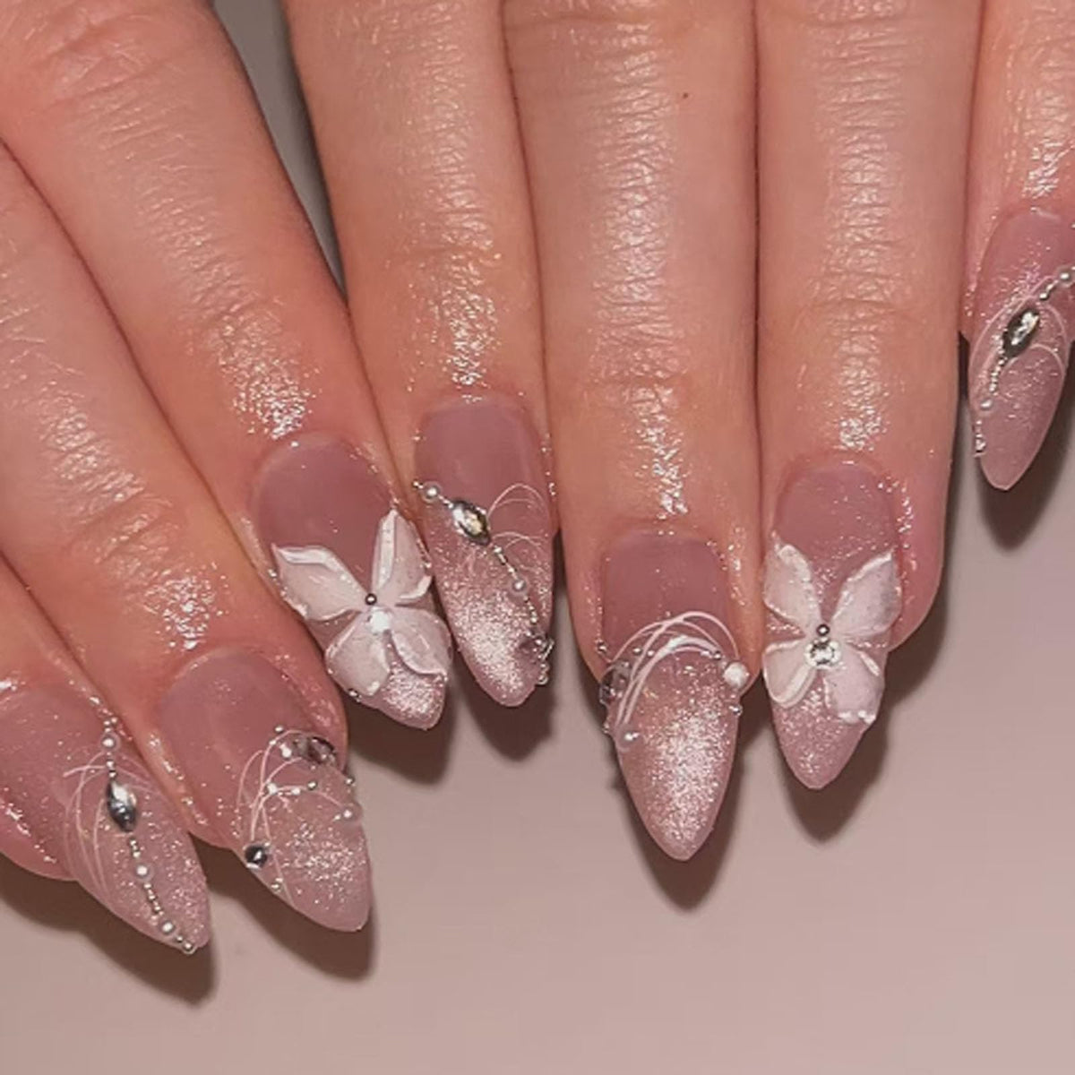 Spring Press on Nails Almond Medium Fake Nails with White Flower Designs French Tip Nails Press ons Light Green False Nails Glossy Glue on Nails Acrylic Nails Nude Stick on Nails for Women 24Pcs