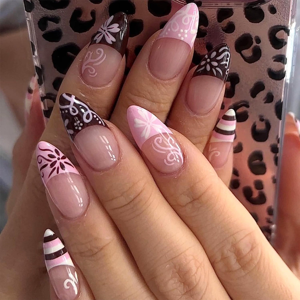 Black French Tip Press On Nails Almond Stiletto, Nude Glossy Fake Nails
