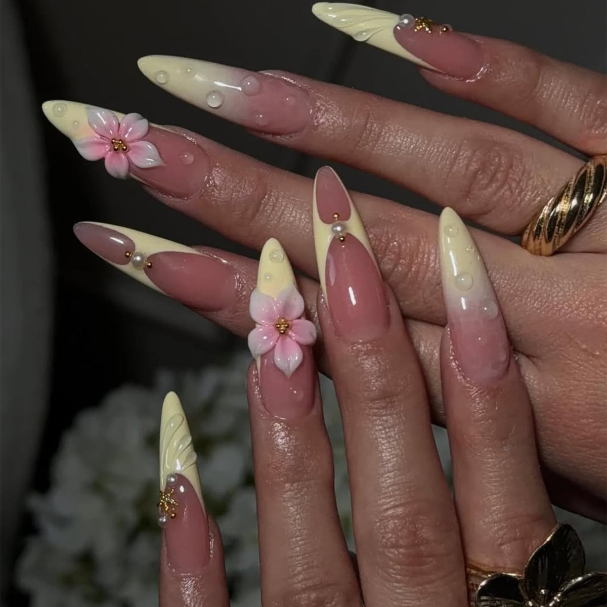 IMRAIN Long Press on Nails Stiletto Pink Fake Nails Rhinestone & Flower Designs Glossy Glue on Acrylic Nails Full Cover Luxury Bling Handmade Stick on False Nails for Women 24Pcs