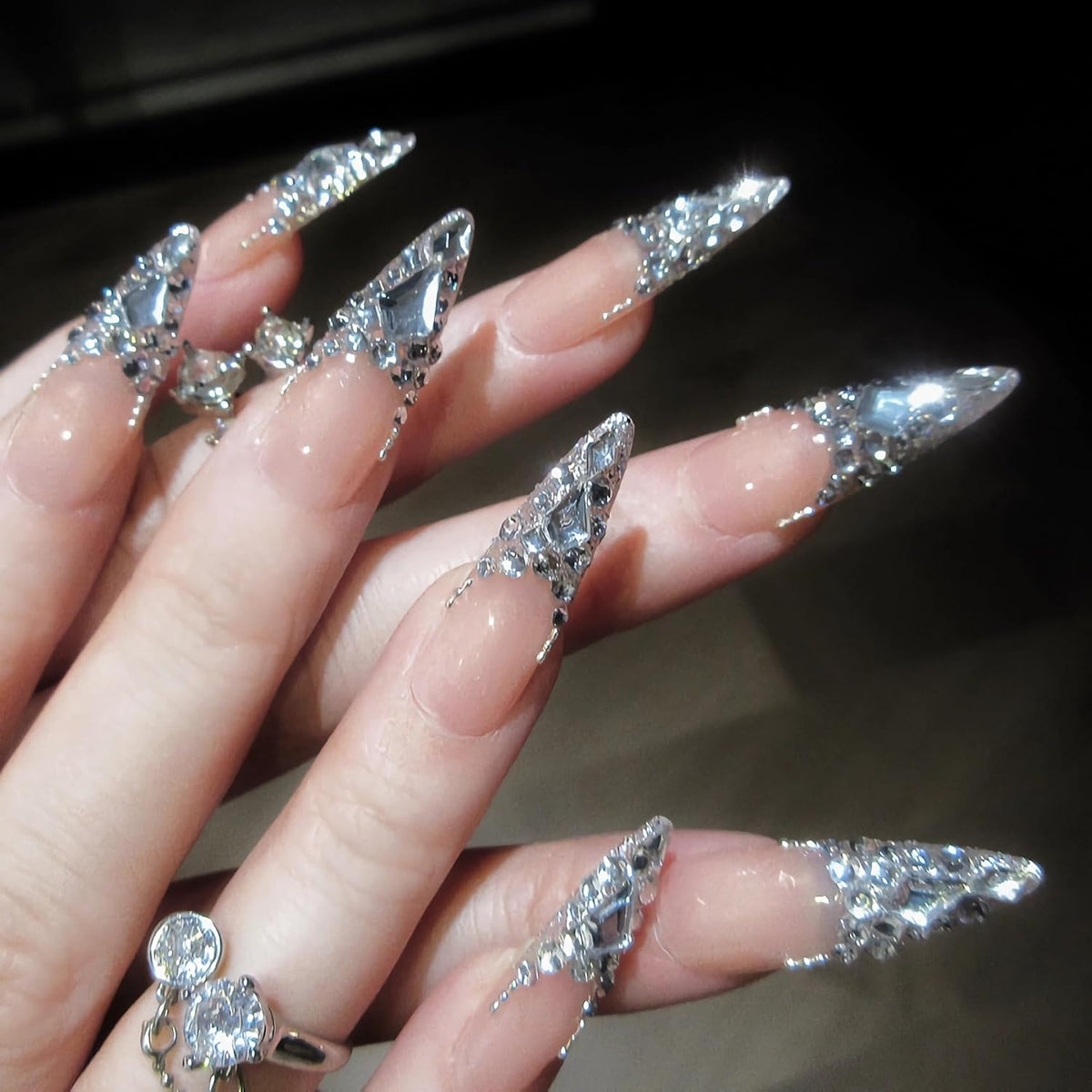 BABALAL Press On Nails, Extra Long Stiletto Fake Nails, Nude Pink, Crystal Rhinestone & Diamond Accents, Glossy Luxury Wedding Party Glue On Nails for Women and Girls 24Pcs