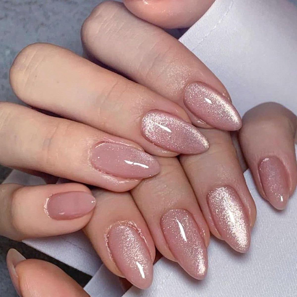 French Tip Press on Nails Almond Medium Fake Nails with Chrome Glitter Designs Nails Press ons Pink Gold Glue on Nails Natural False Nails Glossy Artificial Nails Simple Stick on Nails for Women 24Pcs