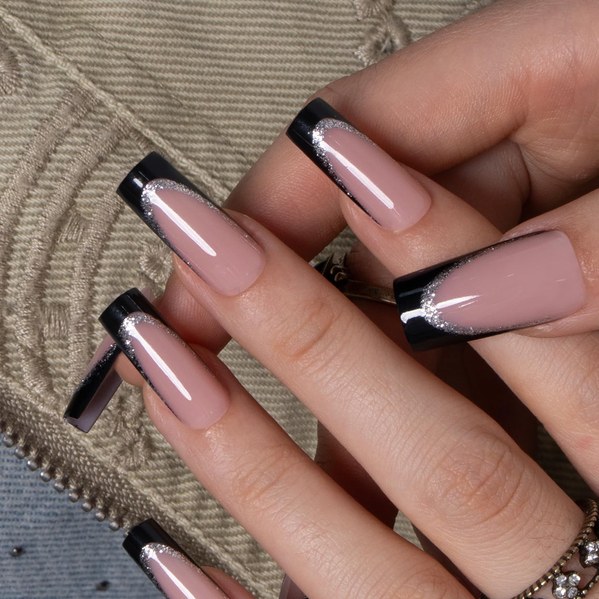 CurvLife Long French Tip Press On Nails, Pearl Rhinestones, Soft Gel