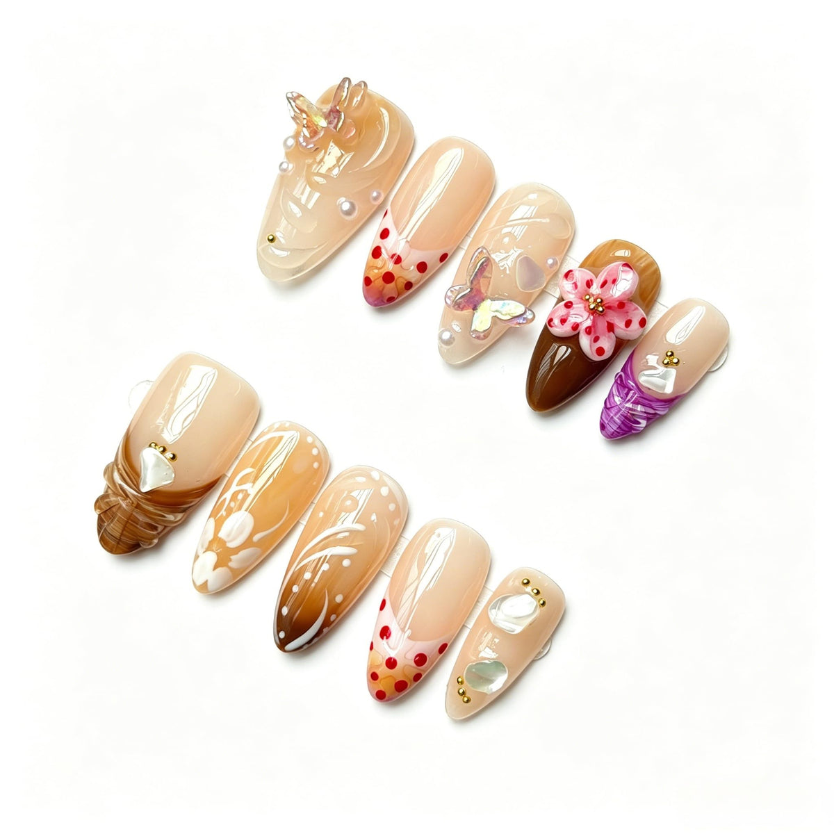 Handmade Press On Nails – Short Almond False Nails for Women, Reusable Acrylic White French Tip with Pearl & 3D Flowers Design – Salon Quality Fake Nails (10PCS Size S)