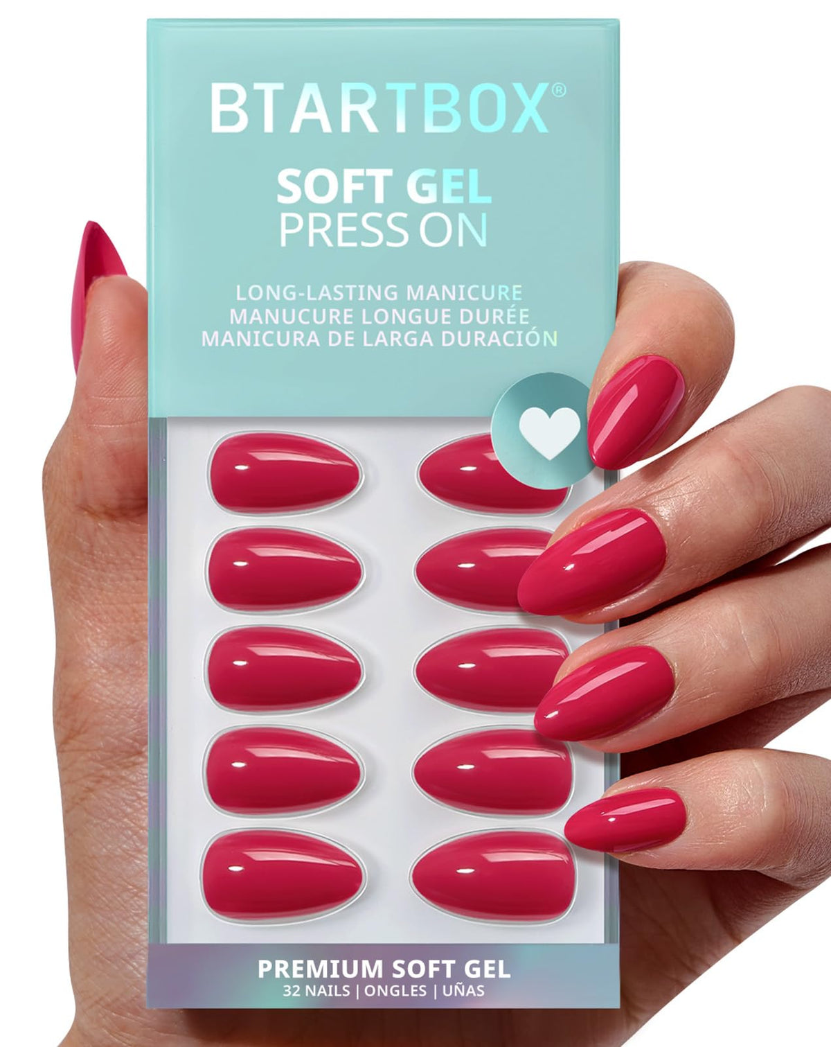 BTArtbox Press On Nails, Short Square Pink Fake Nails, 32Pcs Full Kit