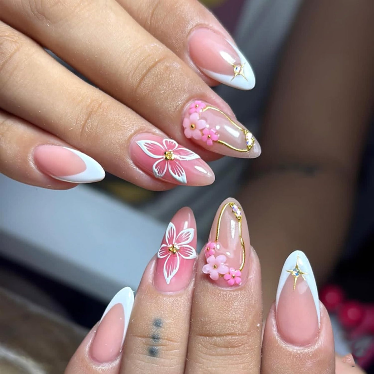 Black French Tip Press On Nails Almond Stiletto, Nude Glossy Fake Nails