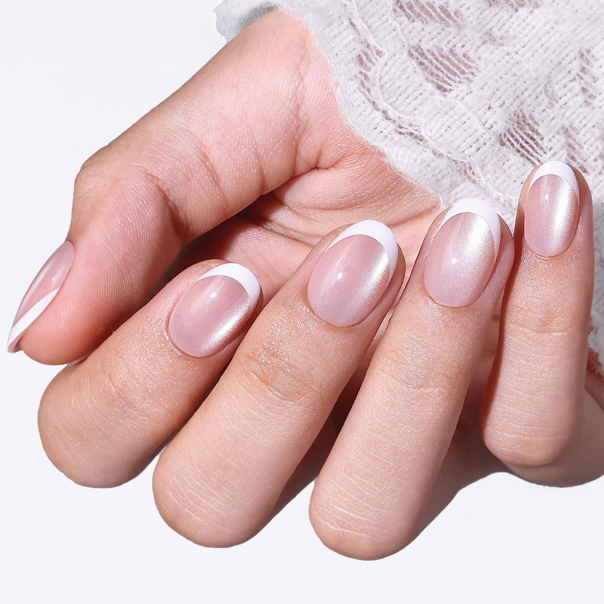 modelones French Tip Press On Nails, Short Oval Fake Nails Nails Press Ons
