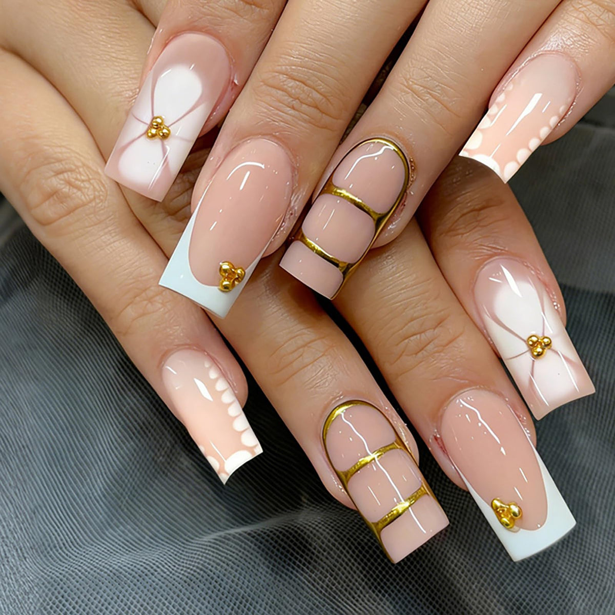 24Pcs Long Square Nude Pink White Nails Press ons Pearl Gold Flower Fake Nails Elegant False Nails Bridal Nails Glue on Luxurious Stick on Nails Casual Work for Girl Women Wedding Formal Occasions