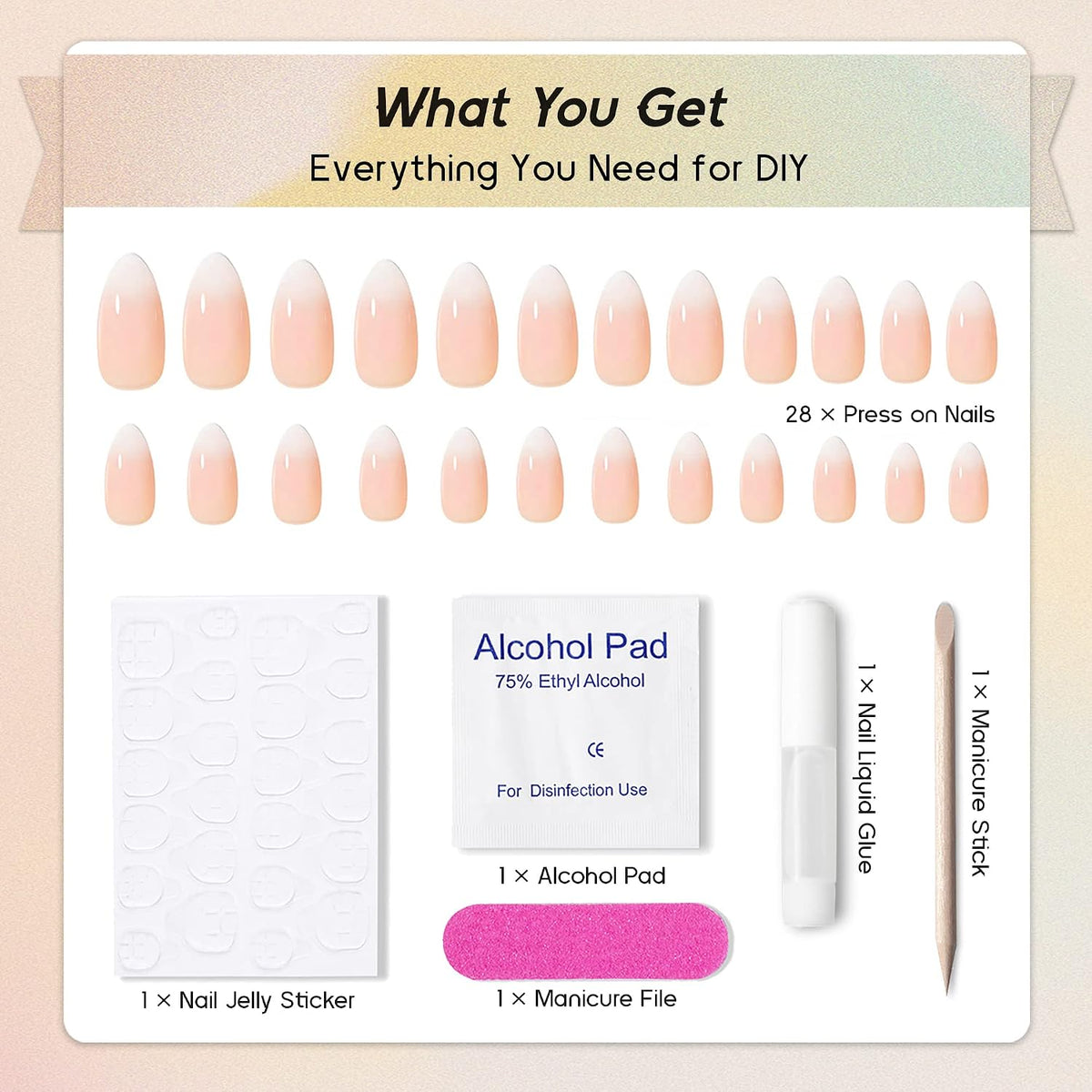 Qsnidy Press on Nails Almond, Ombre Nude to White, Glossy Fake Nails