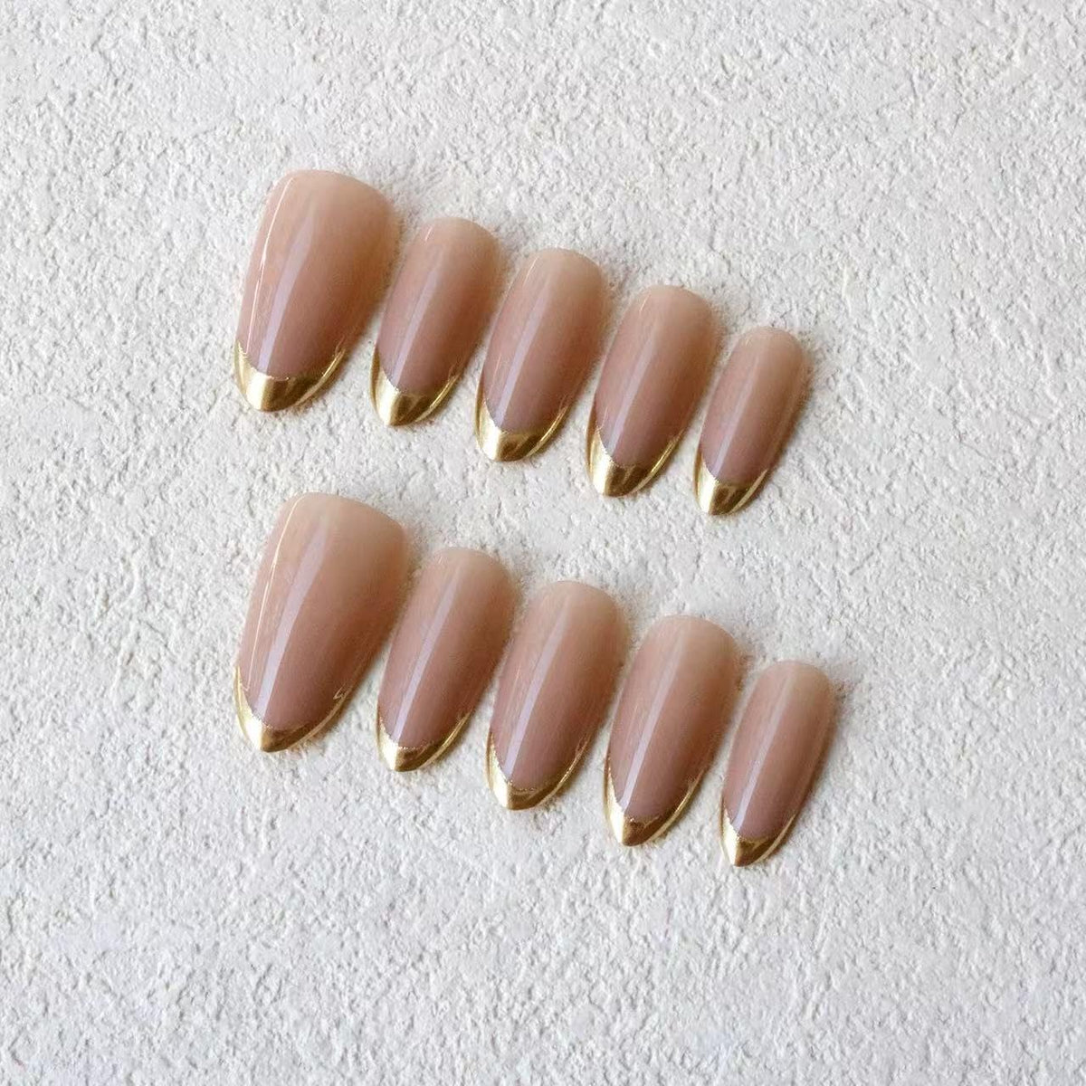 Glossy Nude Gold French Tip Press On Nails Short Almond, 30 PCS
