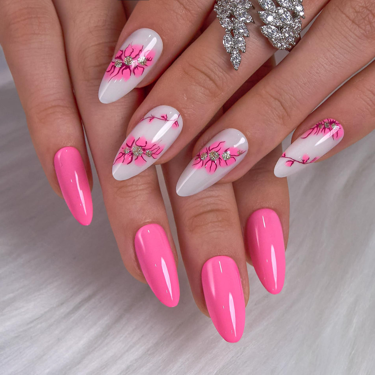 CurvLife Long French Tip Press On Nails, Pearl Rhinestones, Soft Gel