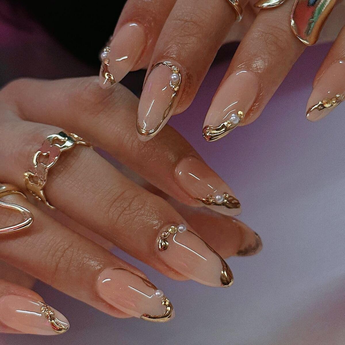 Almond Press on Nails Medium - Fall Fake Nails with Gold Line Design - White Full Cover Stick on False Nails - for Women 24 Pcs
