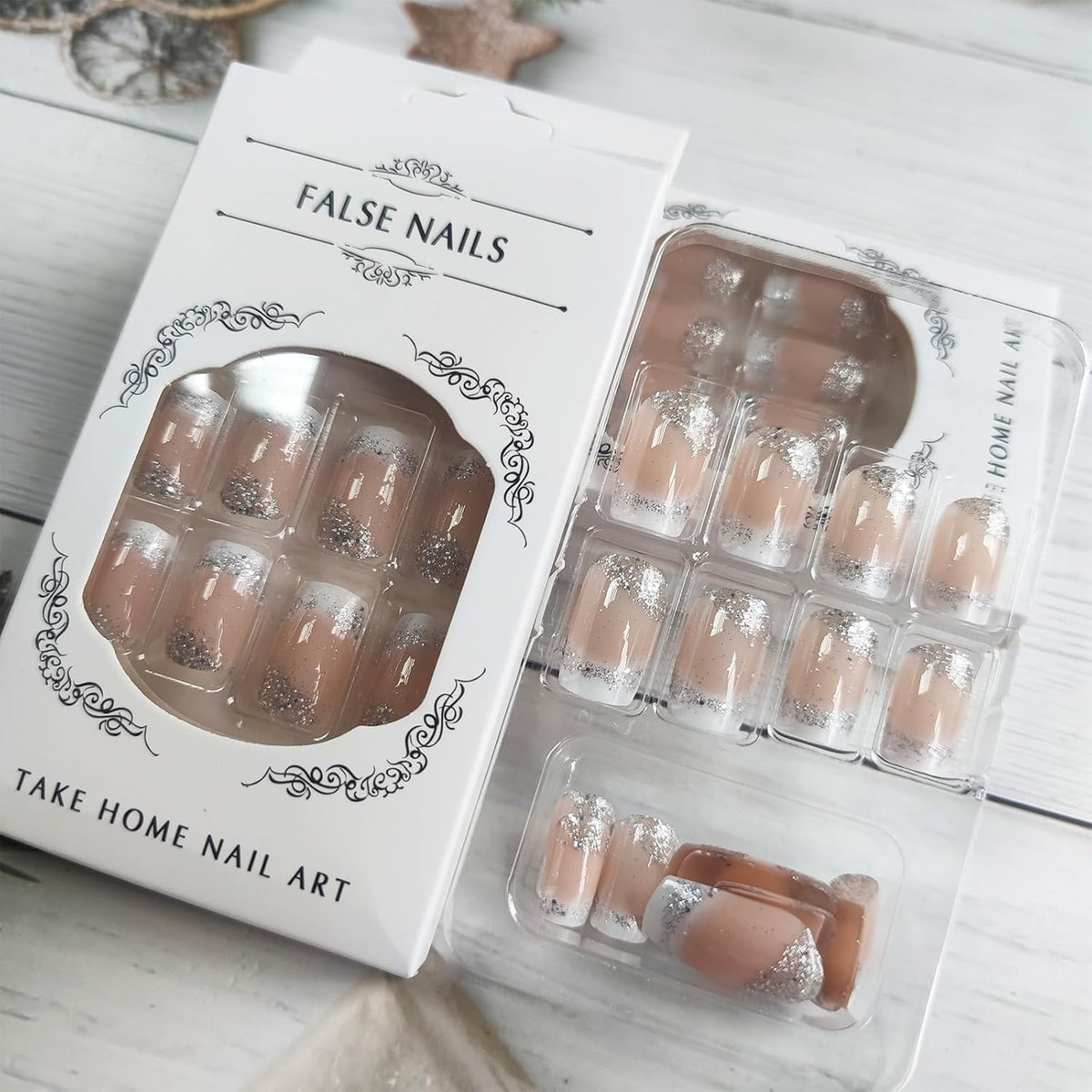 White French Tips Press on Nails 24Pcs Glossy Silver Glitter Acrylic Fake Nails Sparkly False Nail Milky Way Gel Glue on Nail Stars Stick on Medium Square Fingernails for Coquette Women Girls