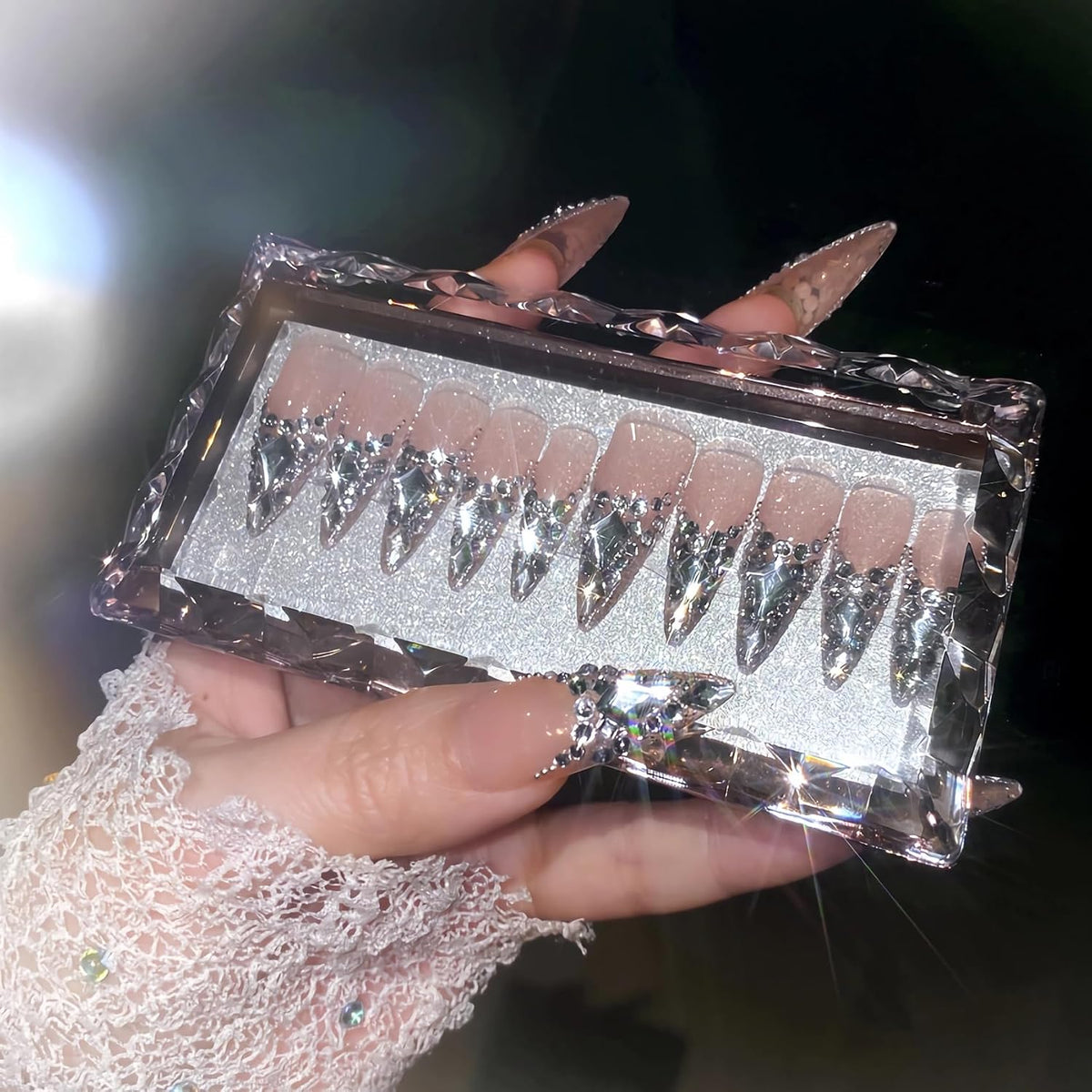 BABALAL Press On Nails, Extra Long Stiletto Fake Nails, Nude Pink, Crystal Rhinestone & Diamond Accents, Glossy Luxury Wedding Party Glue On Nails for Women and Girls 24Pcs
