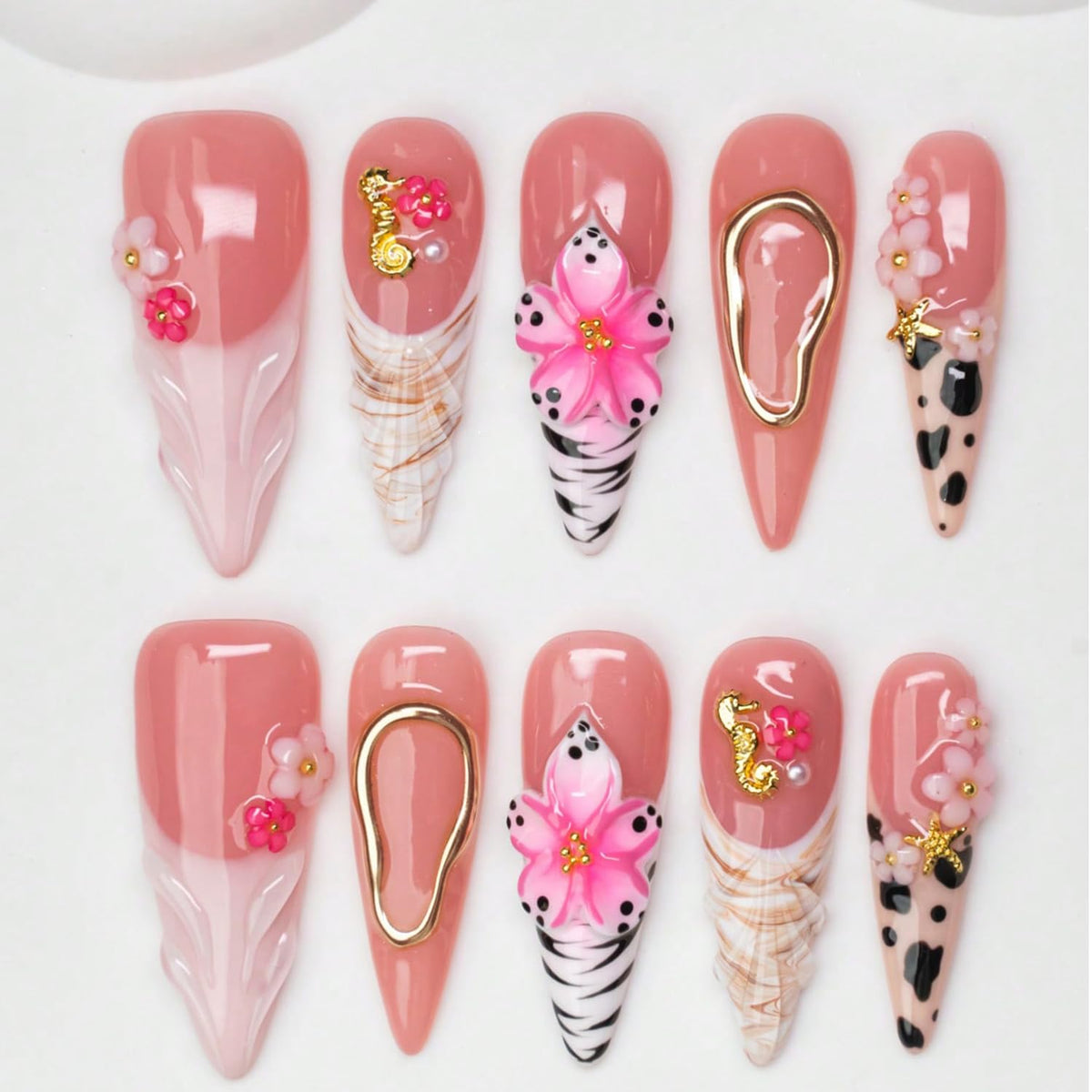 Handmade Almond Press on Nails Medium, Nude White French Tip Fake Nails with 3D White Flower Gold Metal Lines Pearl Decor, Glossy Reusable Full Cover False Nails for Women Wedding Daily(S)