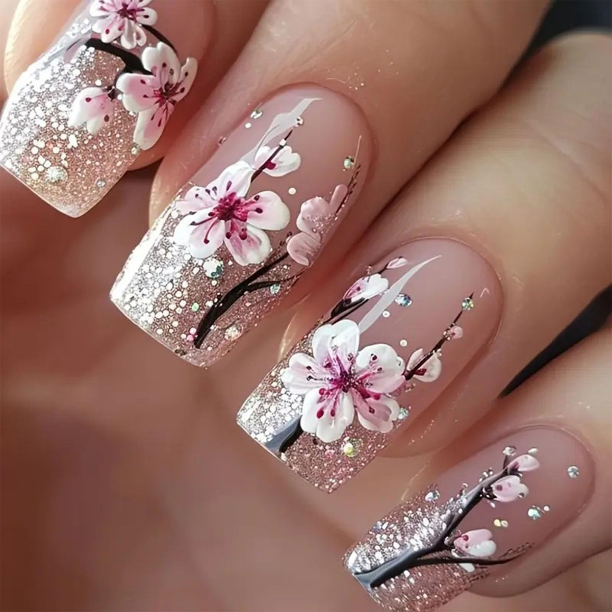 Medium Press on Nails Square White French Tip False Nails with Glitter Design Cute Fake Nails Light Pink Full Cover Nails Press ons Glossy Glue on Nails for Girls and Women 24Pcs