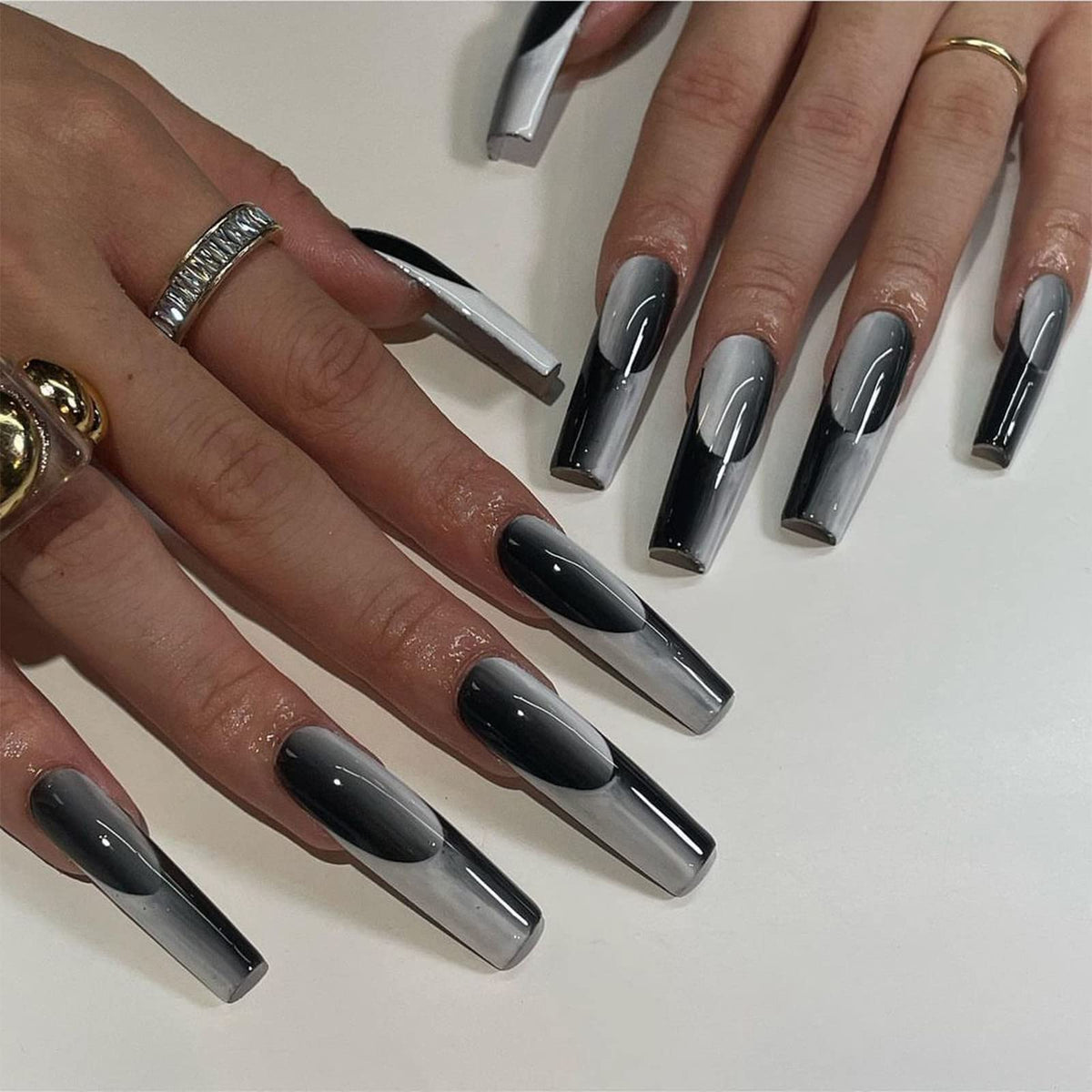 SINHOT Stiletto Press on Nails Long Fake Nails Glossy Glue on Nails Luxury Rhinestones Acrylic Nail White Bling Glitter Almond Artificial Nail Stick on False Nail with Design 24pcs