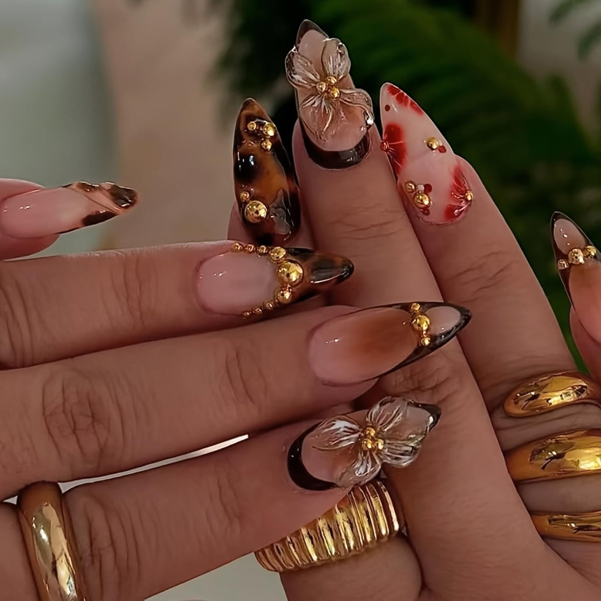 HOSAILY Long Almond Gold Glitter Press On Nails - Luxury French Shimmer Diamond Design, Holiday Party & Wedding False Nail, 24PCS Full Cover Gel Nail for Women- Autumn to New Year’s Elegance