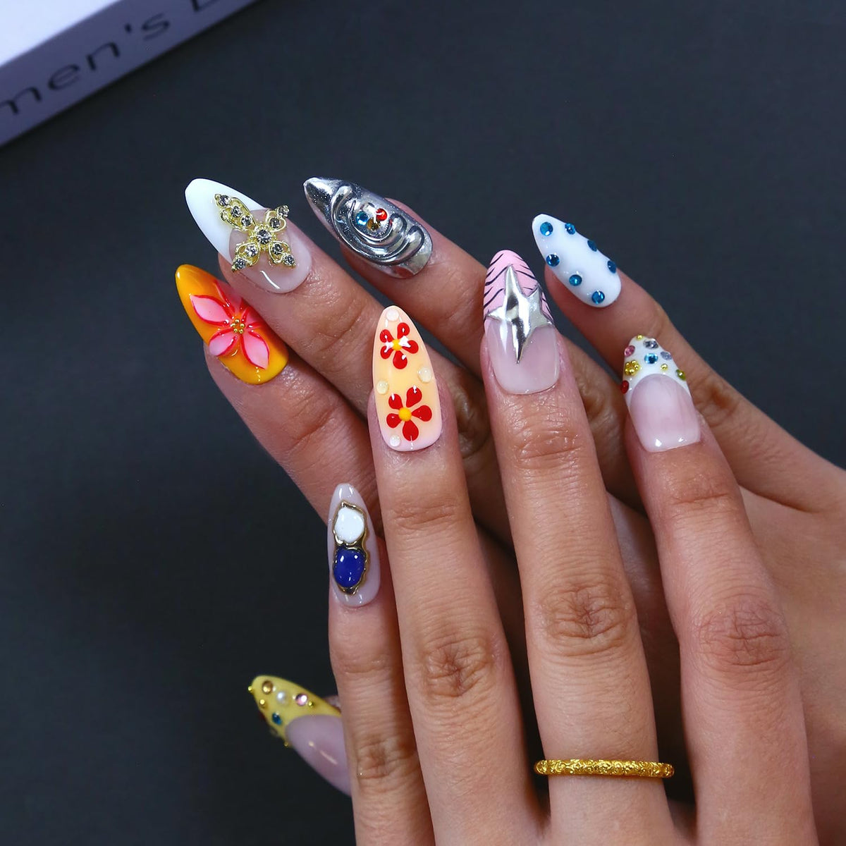 Press on Nails, Handmade Medium Almond Fake Nails, 3D Art False Fingernails with Design Full Cover Fake Nail, Glossy Acrylic Stick on Nails Artificial Nails for Women Manicure 10 Pcs (L)