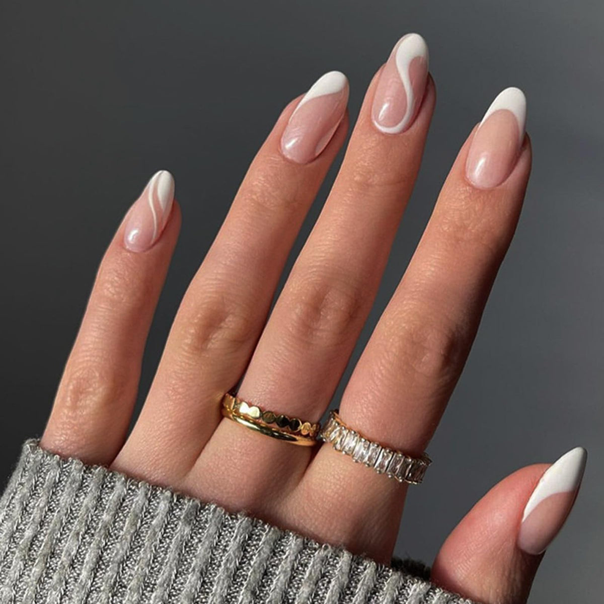 Press On Nails Almond Fake Nails French Tip False Nails Press ons Medium Glue on Nails with Chrome Design for Women Stick on Nail 24Pcs