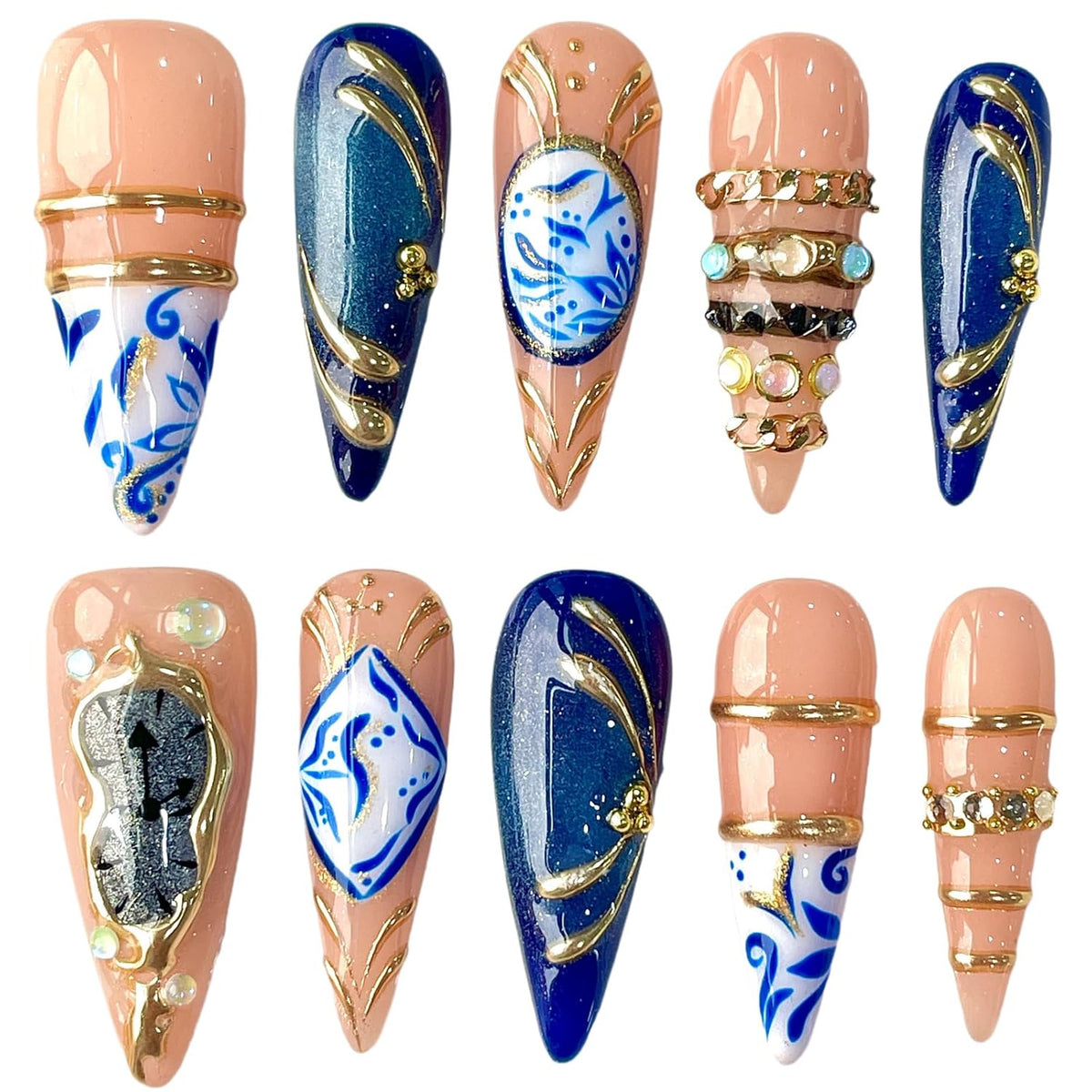 Handmade Press On Nails Ring Jewelry Inspired Navy Blue (L)
