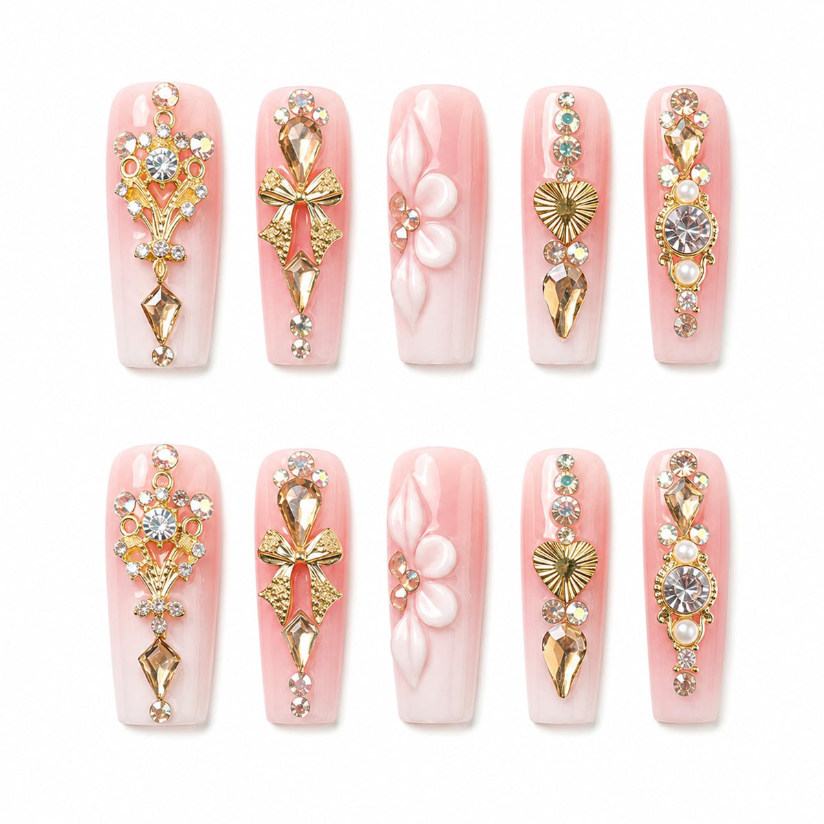 Long Square Handmade Press on Nails - White French Tip Acrylic Fake Nails with Crystals Gems, Elegant Bridal Reusable False Nails for Wedding Manicure 10 Pack (Size M)