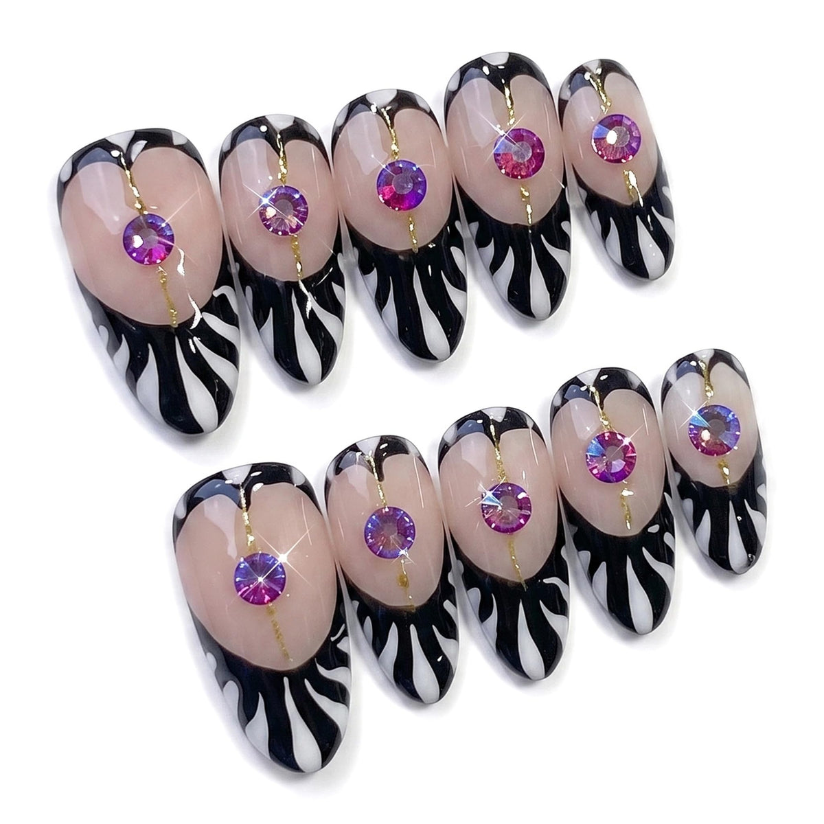 Luxury Handmade Press on Nails Long Stiletto Acrylic Fake Nails with Rhinestone Pearl Designs Glossy Full Cover Reusable Stick on Nails for Women Manicure 10Pcs