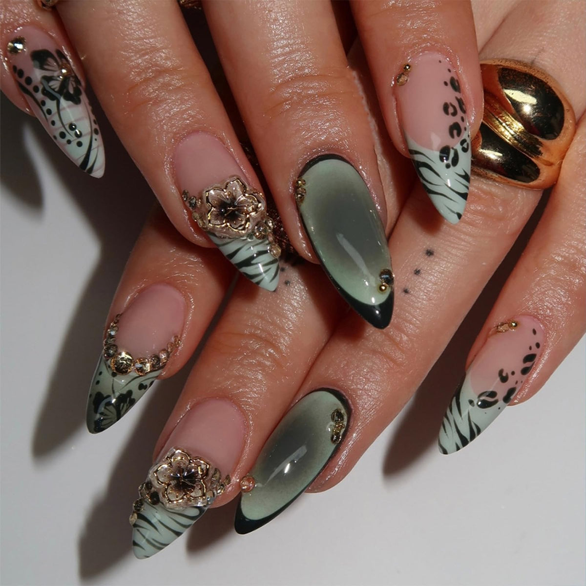 IMRAIN Medium Almond Silver Glitter French Tips False Nails with Rhinestone Designs - Glossy Full Cover Glue on Artificial Stiletto Nude Nails for Women Girls - 24 Pcs