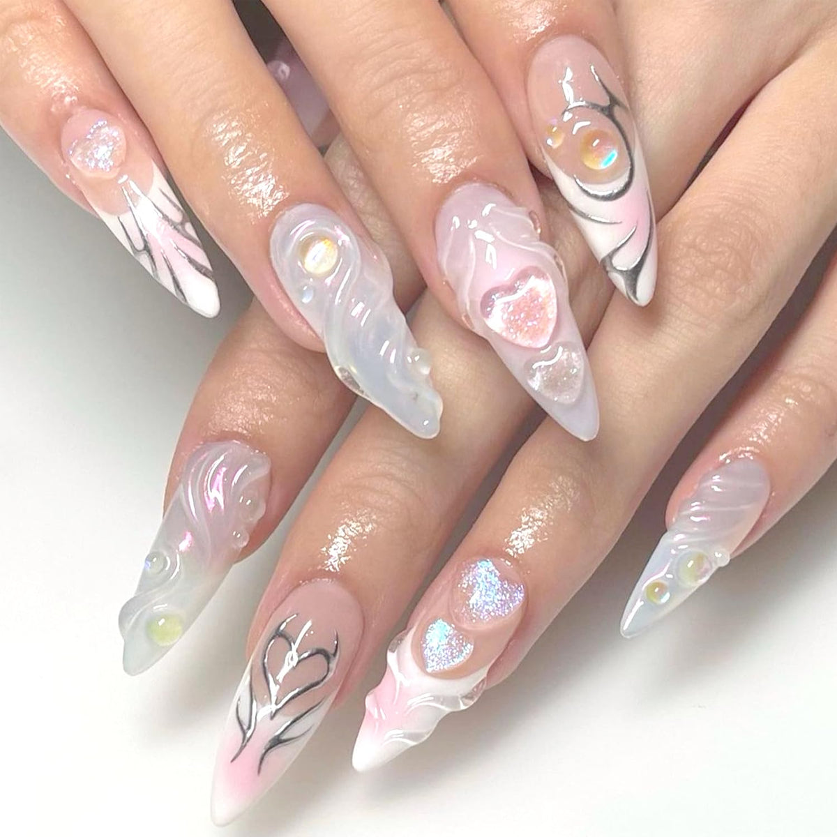 24Pcs French Tip Press on Nails Gloss Short Almond Fake Nails Bow Designs White French Nails Pearl Press ons Cute False Nails Artificial Rhinestones Stick on Nails Acrylic Nails for Women Nail Decor