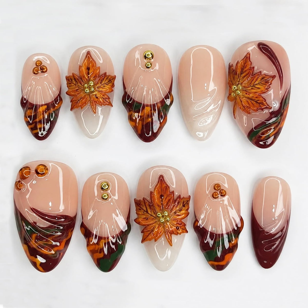 Almond Press on Nails White Flower with Gold Rhinestone Wedding Fake Nails