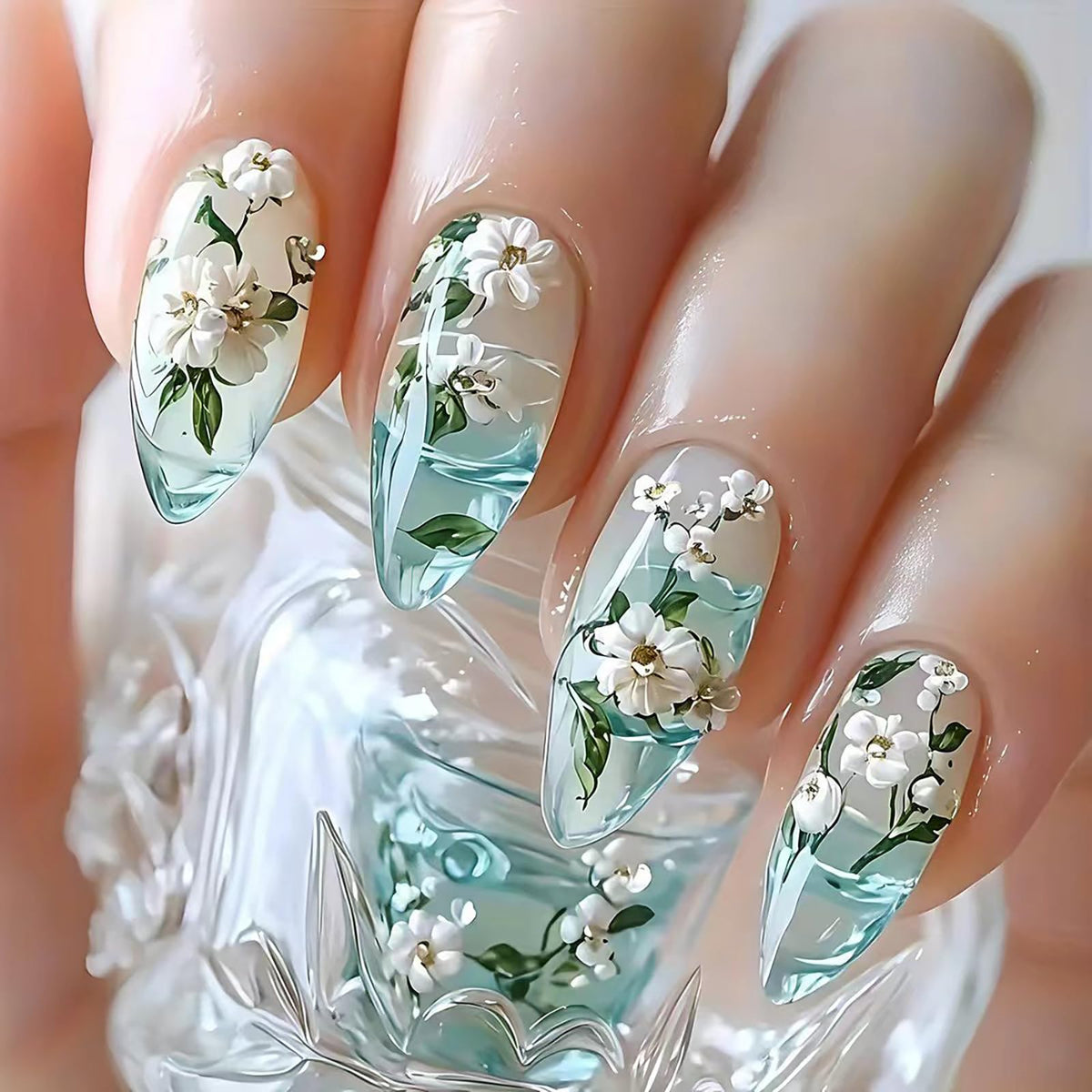 24Pcs Handmade Press on Almond Nails Nude Pink White Gold Flower Fake Nails Pearl False Nails Elegant Summer Nails Glue on Luxurious for Girl Women Stick on Nails Bridal Wedding Formal Events Life