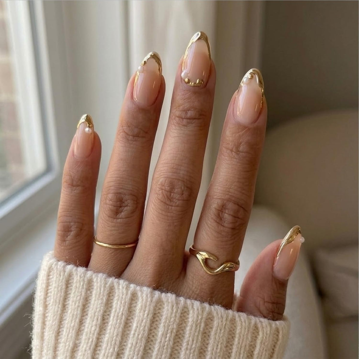 Gold French Tip Press On Nails Medium Almond Fake Nails with Pearl Designs Glossy Nude Pink Glue On Nail Reusable Full Cover Acrylic Nail for Women Office Wedding Date Night 24 PCS