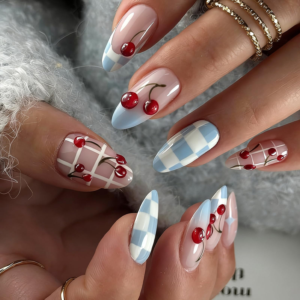 Summer Press on Nails Almond Pink Floral Shell Pearl Gold Dot Fake Women