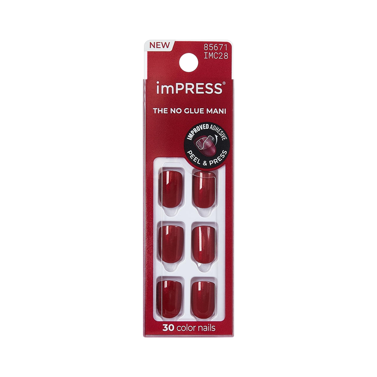 Kiss Impress No Glue Mani Press On Nails Kit, Over You, 30 Red Peel and Stick Nails, Super Slim Short Squoval, Glossy Gel Finish, PureFit Technology, Includes Prep Pad, Manicure Stick & Mini File