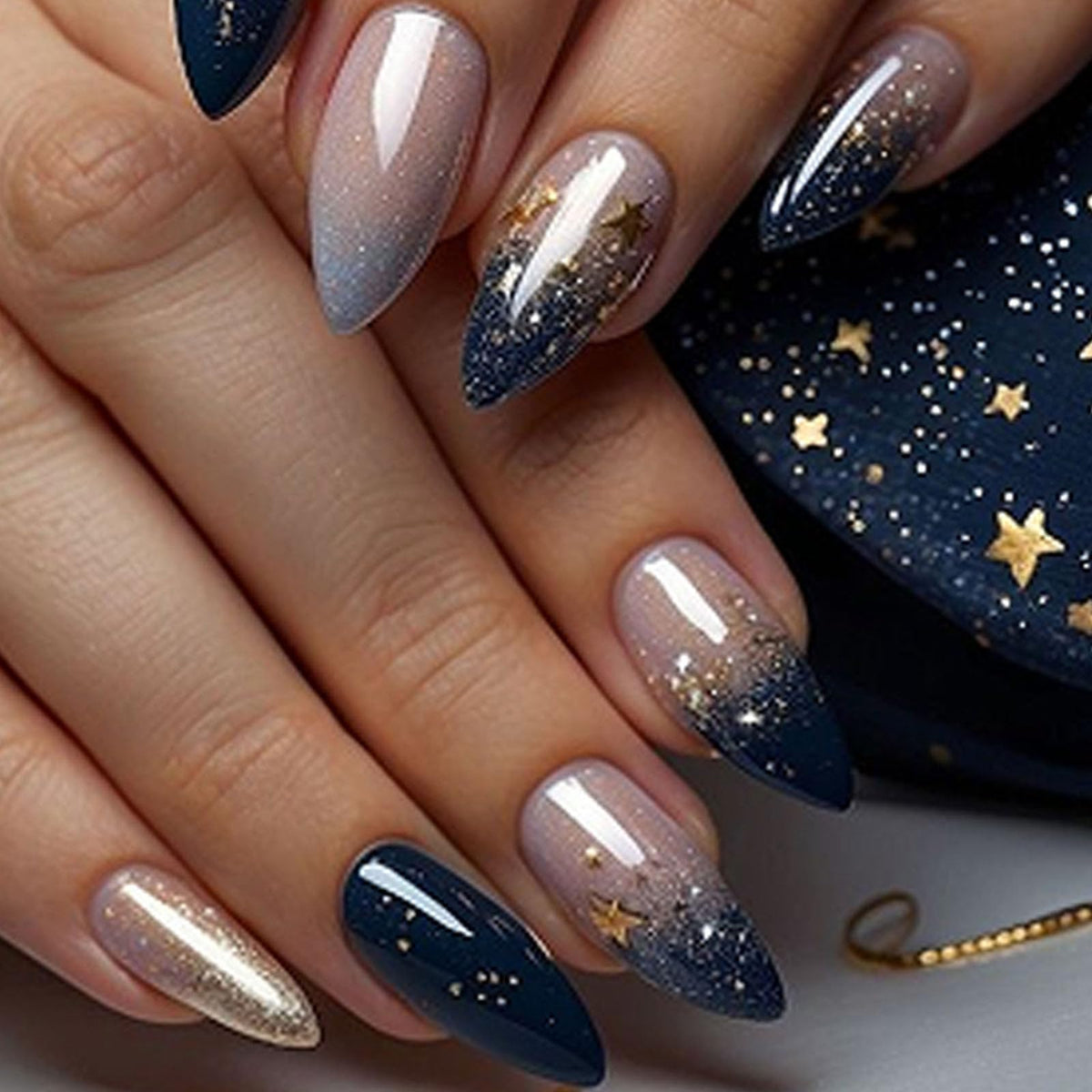 White French Tip Press on Nails Almond Medium Fake Nails with Silver Glitter Designs Nails Press ons Nude Glue on Nails Glossy Acrylic Nails Simple Stick on Nails for Women 24Pcs